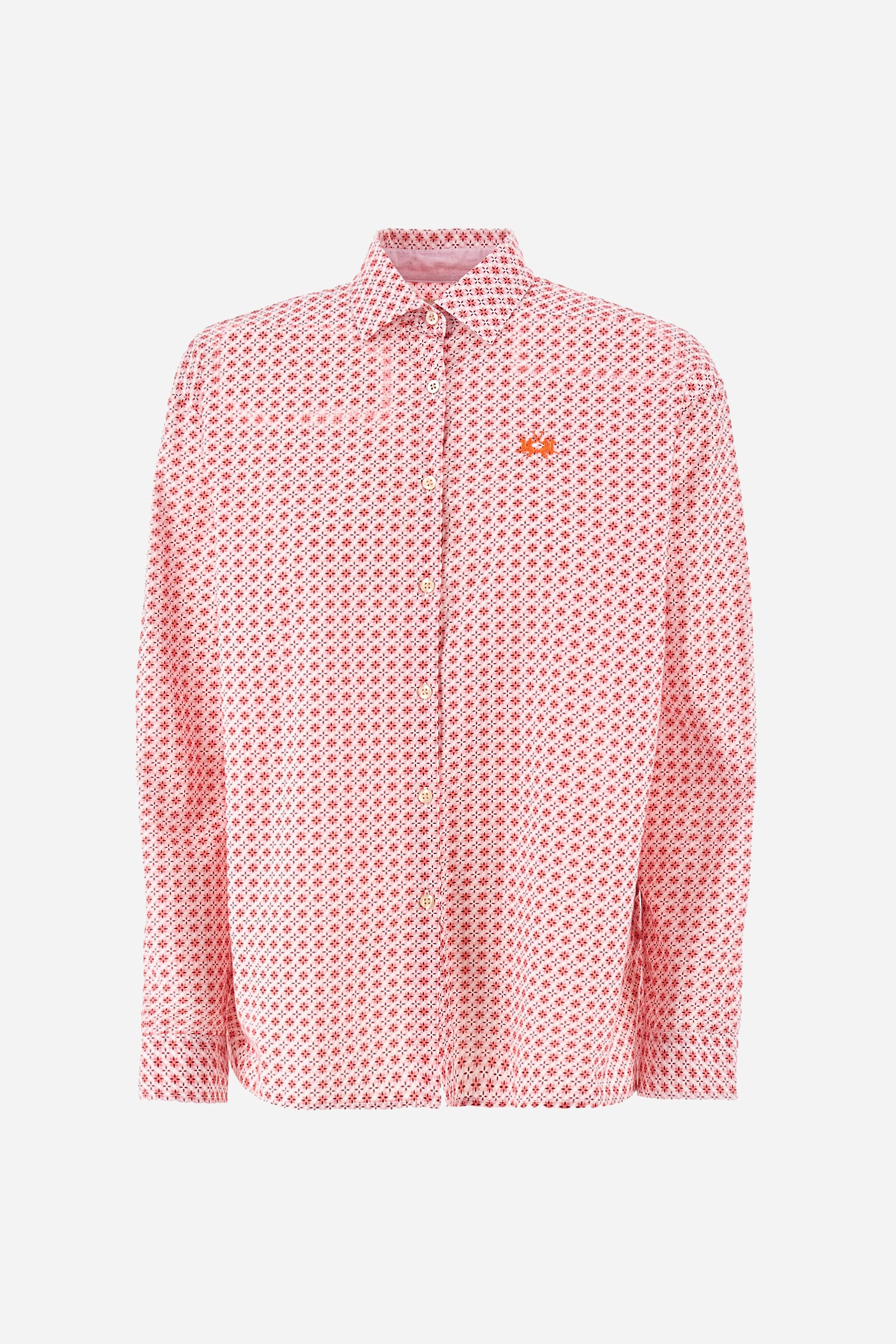 Long-sleeved geometric print shirt for women, made of 100% cotton. French collar. With buttoned cuffs. Featuring darts on the back. Featuring a small embroidered logo on the front. The fit is regular. The model wears a size 2. - White/Almond/Fiery