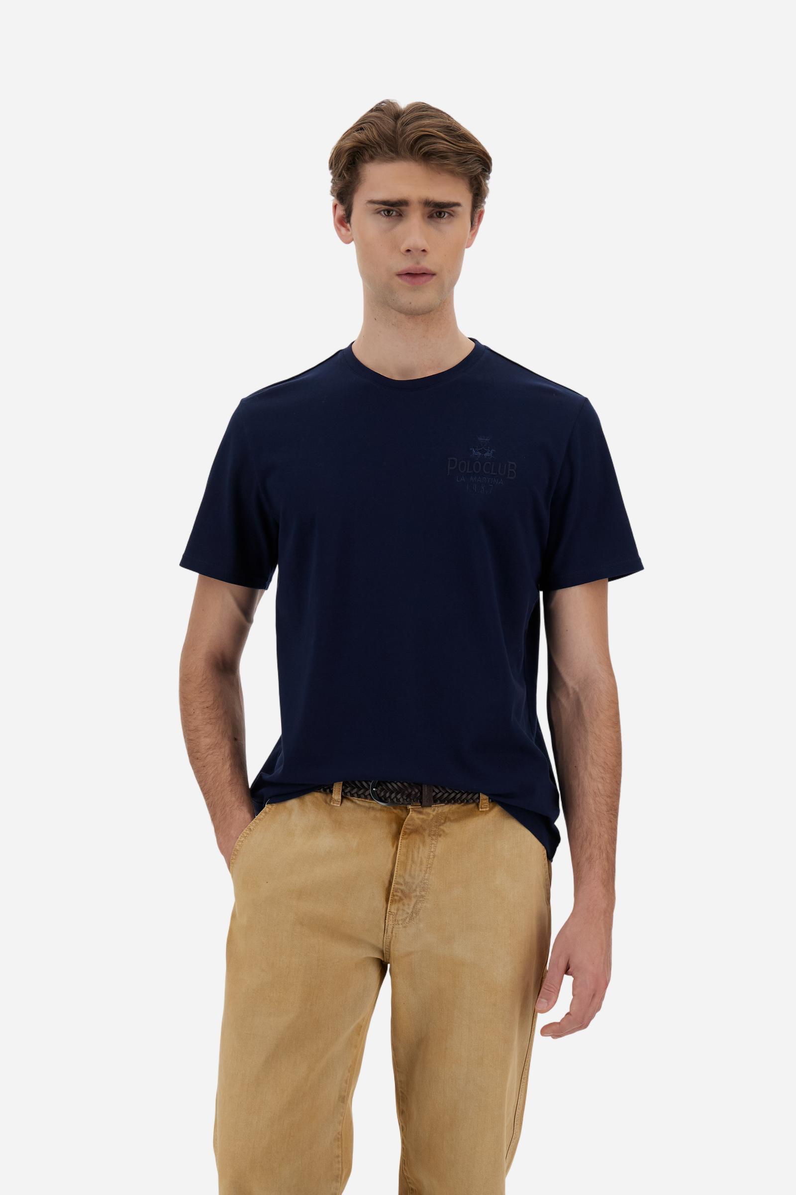 Men’s short-sleeve piqué stretch T-shirt with small chest print inspired by the world of polo. Regular fit and sporty-elegant style. - Navy