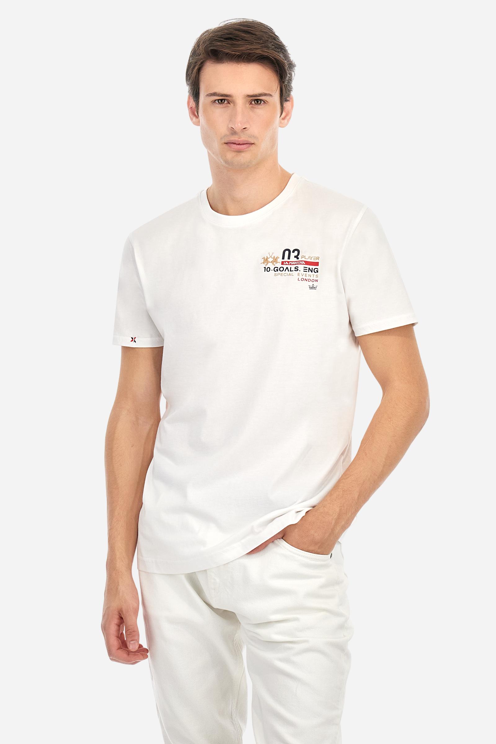 Single-colour short-sleeved men's T-shirt made of cotton jersey. Crew neck, with colour-contrasting jersey border inside. Mlticoloured lettering is printed on the chest, enriched by the embroidered brand logo. The graphics on the back are printed, while the number is a flocked transfer in a contrasting colour. On the right sleeve the small star detail is hand-embroidered with multi-coloured threads. The fit is regular. The model is wearing a size L. - Optic White