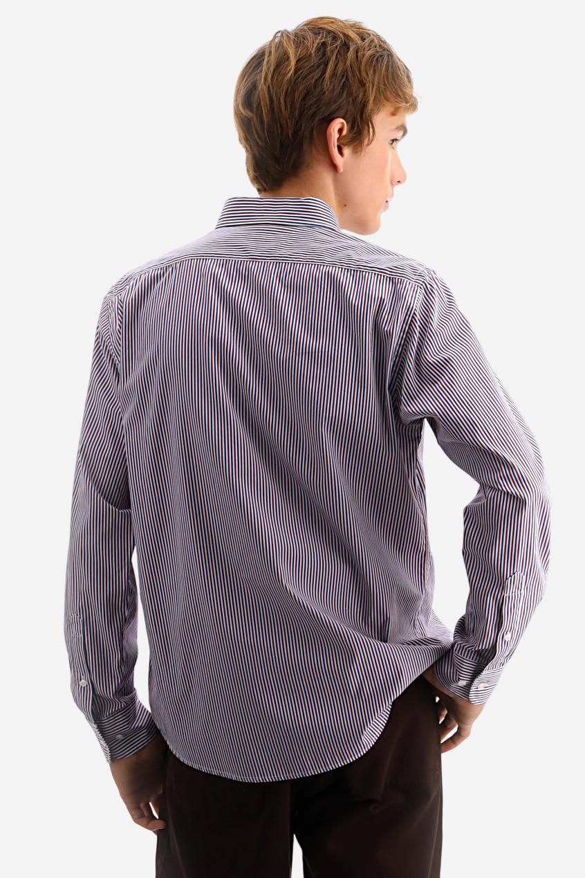 Men's long-sleeved poplin shirt with bicolour stripes. Button-down collar enriched with contrasting interior details and the distinctive Argentina signature. Contrasting embroidered logo on the chest. Regular fit and versatile silhouette. Model wears size L. - OptWhite/Navy/PopRed