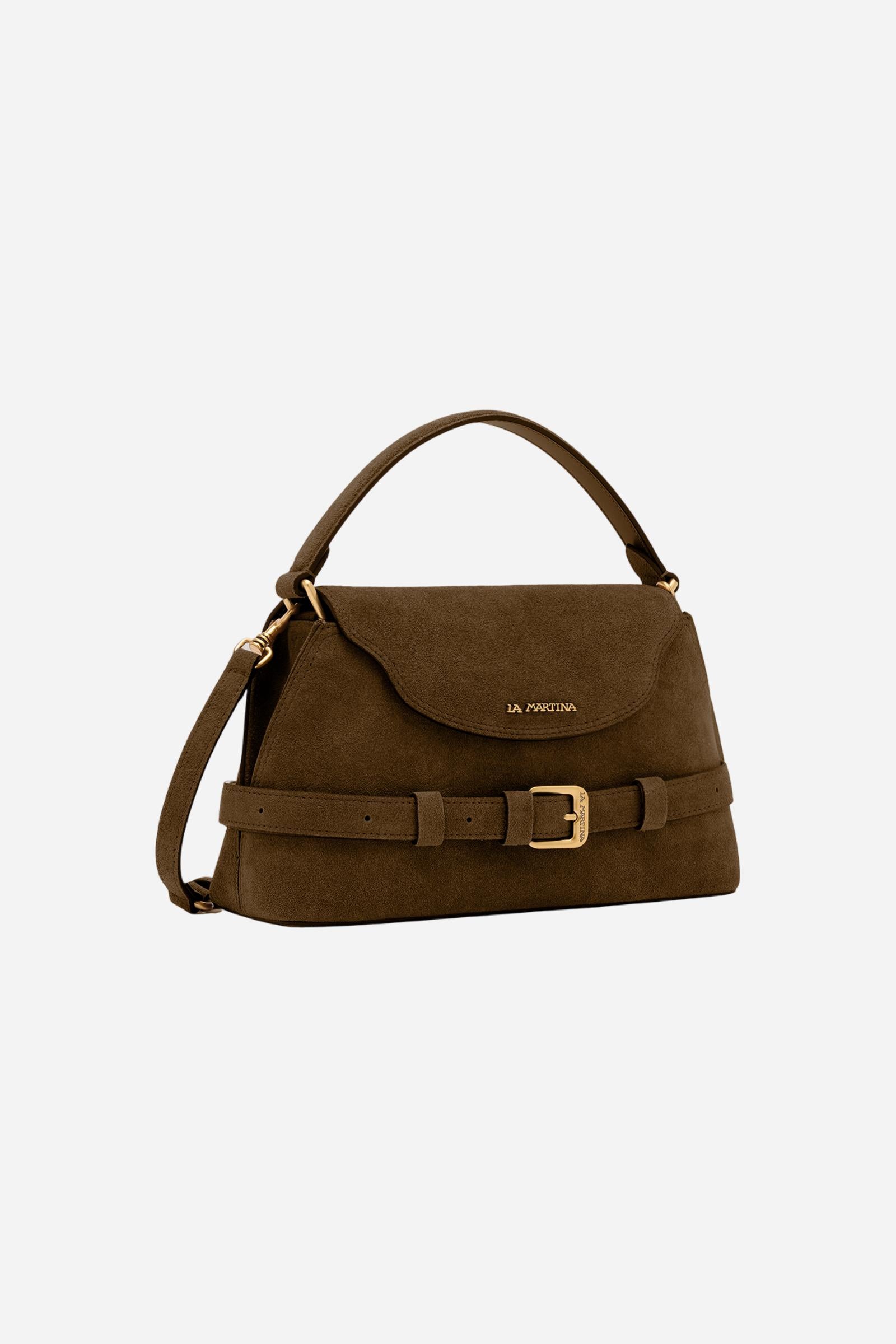Soft suede tote bag with trapeze shape and flap closure for a sophisticated look. Features a rigid handle and removable shoulder strap. - DARK BROWN