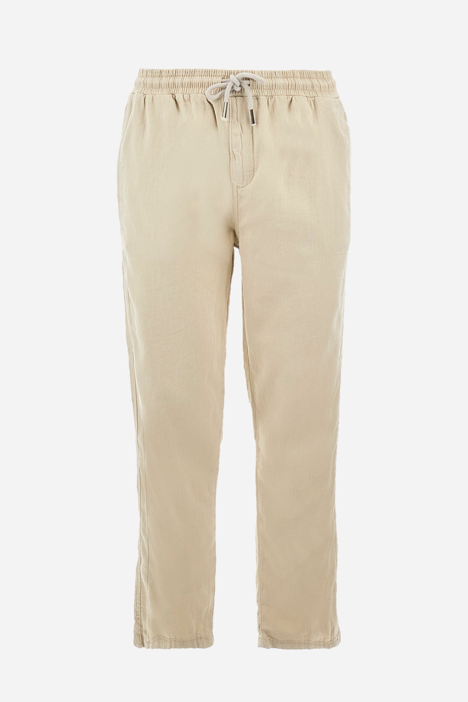 Men's solid color trousers made of cotton and linen. Drawstring waist and double front pocket. Two additional pockets are located on the back. The logo is featured on a patch applied to the back. Regular fit. The model is wearing size L. - Tidal Foam