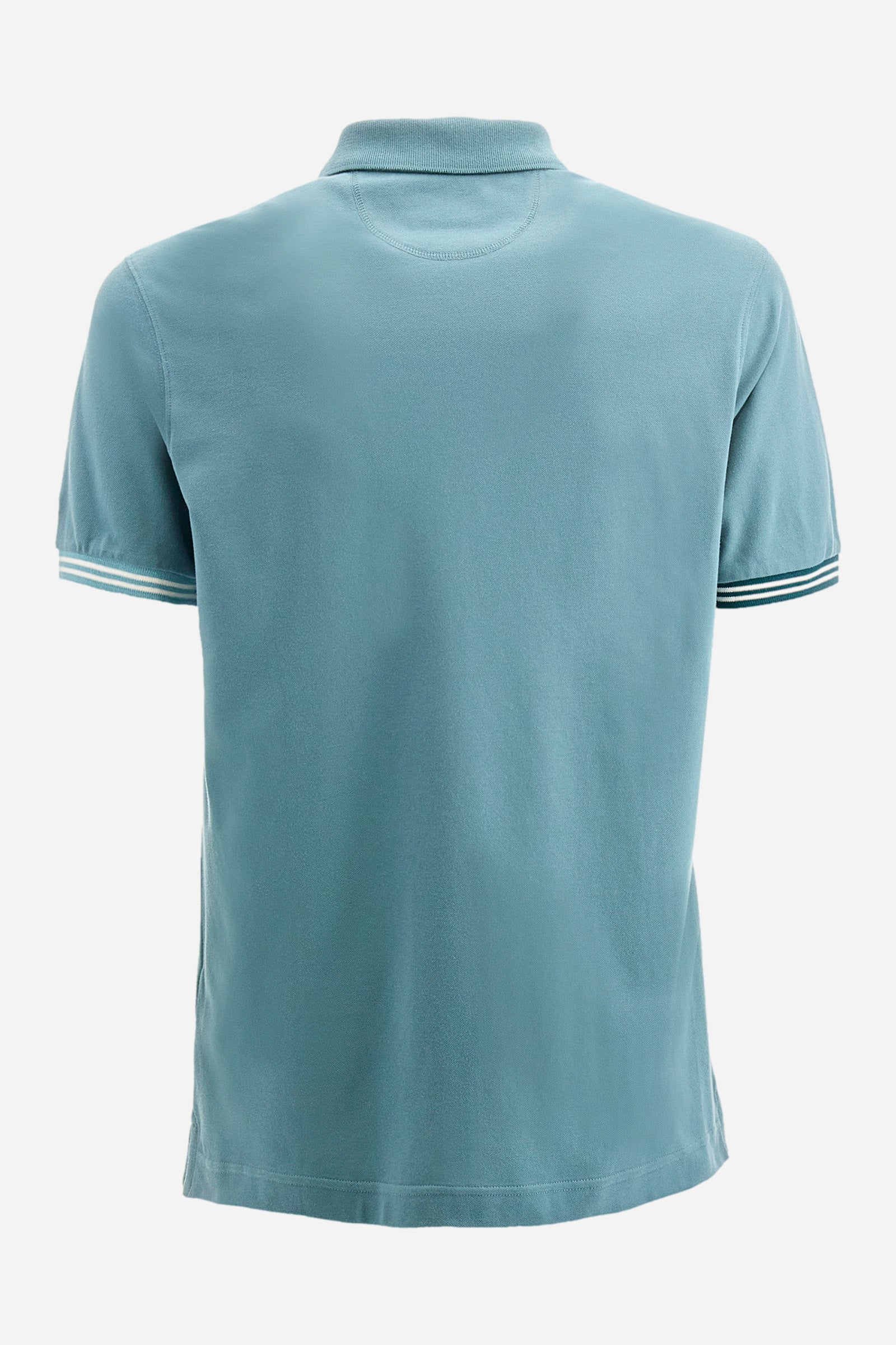 Men's short-sleeved polo shirt in plain stretch cotton. Two-button fastening. The logo is embroidered on one of the sleeves. Regular fit. The model is wearing a size L. - Arctic