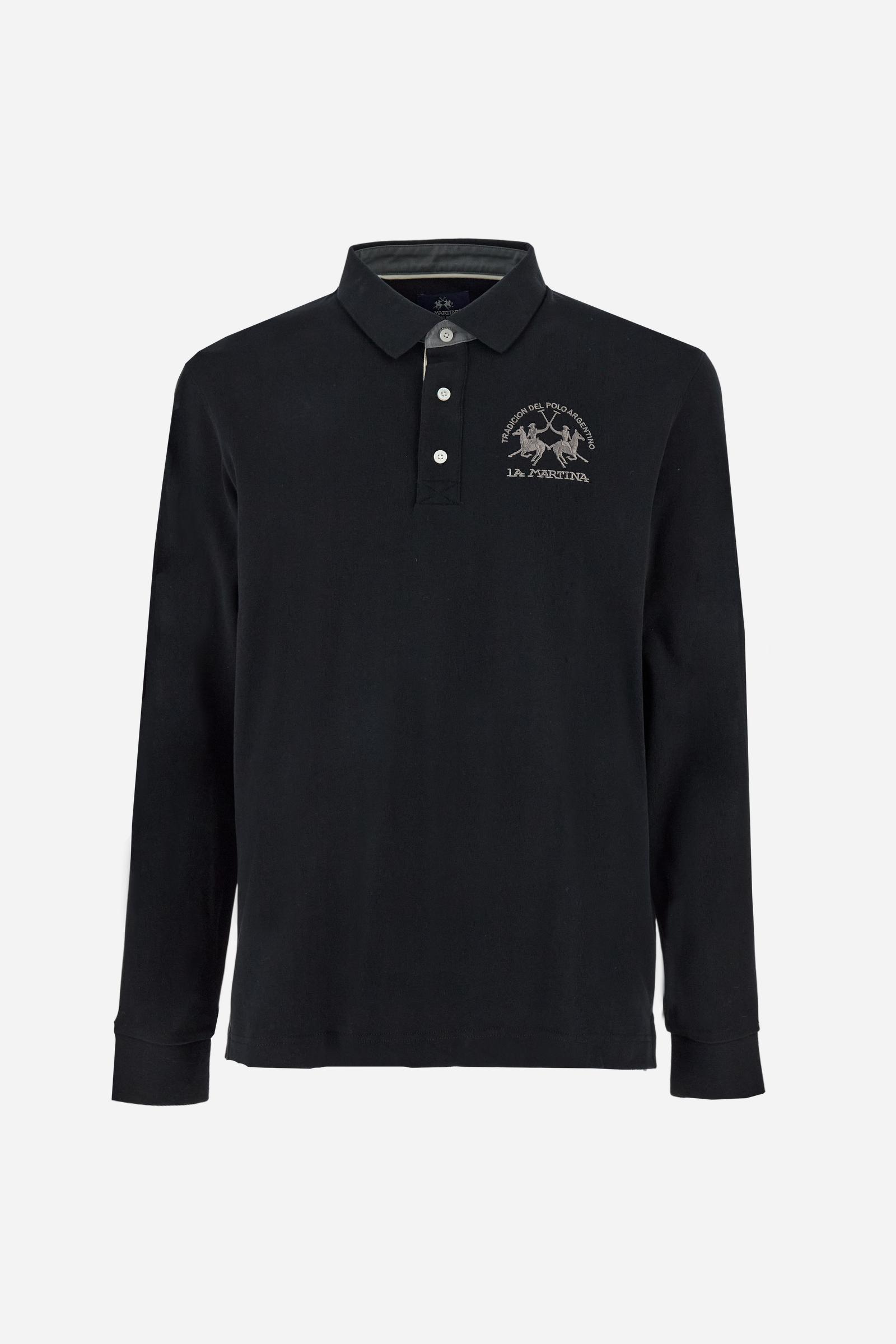 Men’s long-sleeve polo in premium soft-touch cotton jersey for a luxurious feel on the skin. Contrast gabardine details on the collar. Upper collar in tone-on-tone ribbing with printed La Martina lettering undercollar. Three customized buttons, enhanced by a multicolor striped tape on the placket. Contrast embroidered team logo on the chest. Regular fit. Model wears size L. - Black