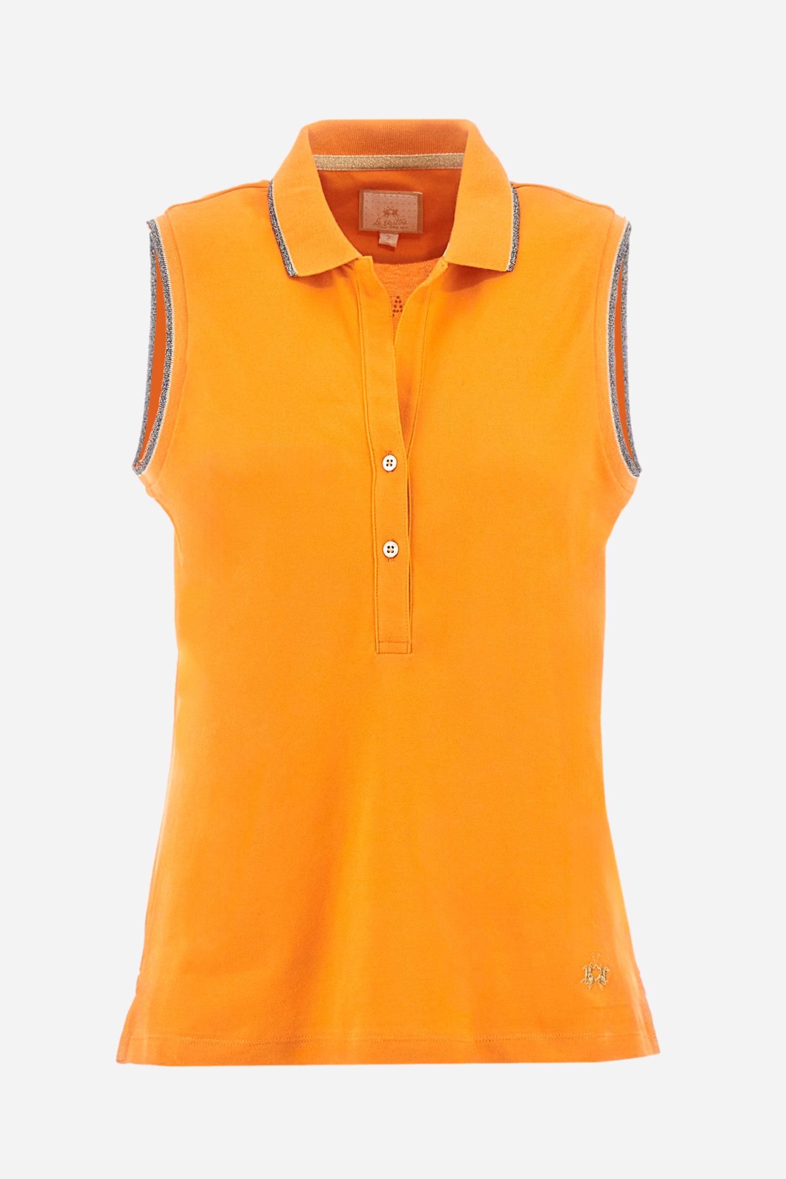 Women’s sleeveless polo shirt in solid color, made of stretch cotton. V-neck and 2 button closure. Collar and crew sleeves profiled and ribbed. Side slits. On the back there is the inscription "La Martina" composed of small rhinestones. The logo is present on the front. The fit is regular. The model wears a size 2 . - Celosia Orange