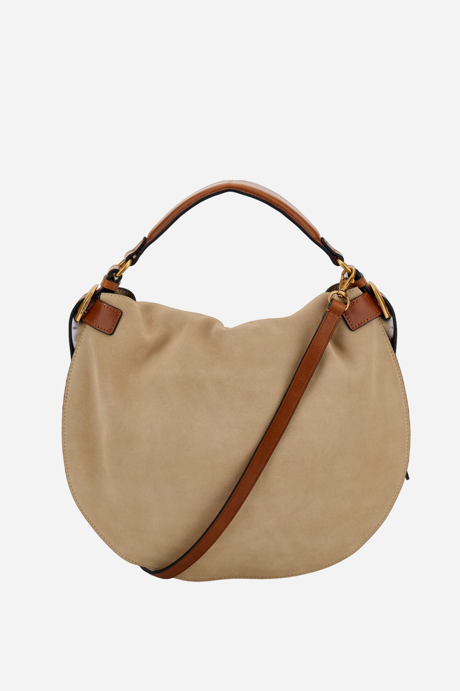 Medium hobo bag in suede and leather with short handle and adjustable strap, hidden magnetic closure and gold logo buckle. - Neutral/Cuoio