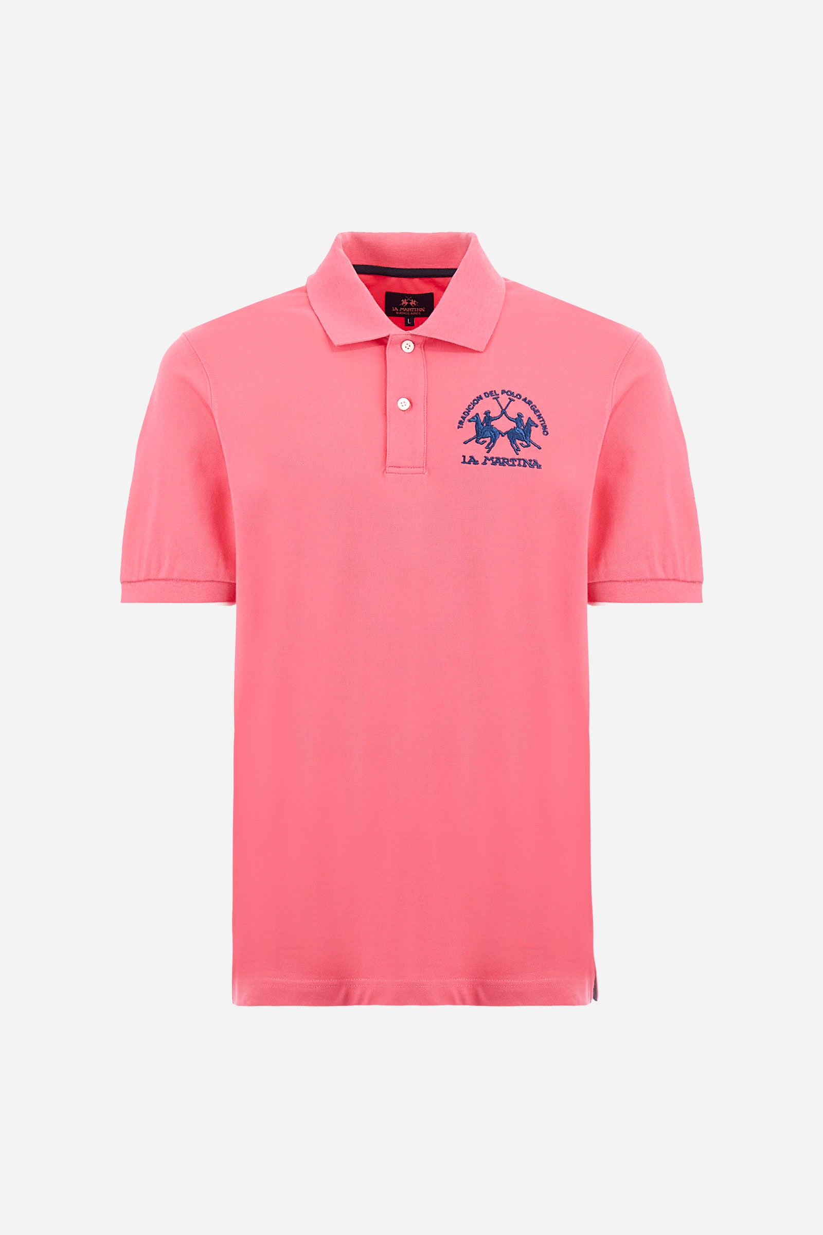 Men's plain short-sleeved polo shirt made from stretch piqué. Featuring a two-button fastening and a ribbon on the inside collar in contrasting coloured grosgrain. The collar and cuffs are in matching rib knit, with the undercollar also in rib knit but in a contrasting colour. The large logo is embroidered on the chest, left side with contrasting coloured thread. The undercollar features a print of the La Martina lettering in a contrasting colour. Regular fit. The model is wearing a size L. - Honey Suckle