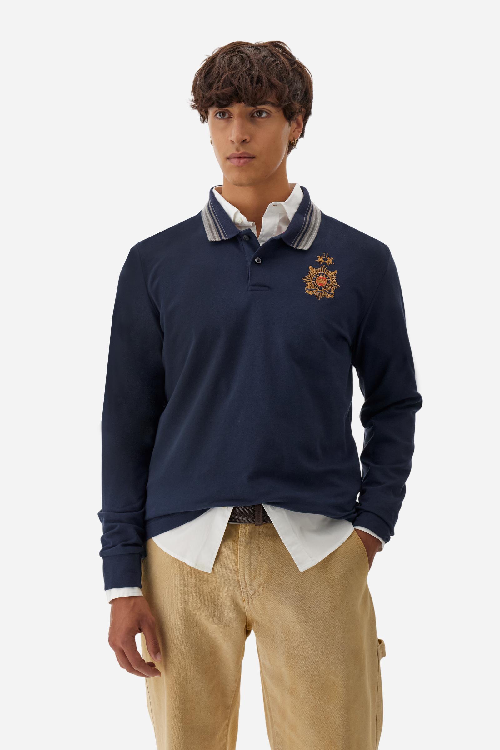 Men’s long-sleeve polo in warm cotton jersey, regular fit with ribbed striped collar, institutional model from the Guards capsule. - Navy