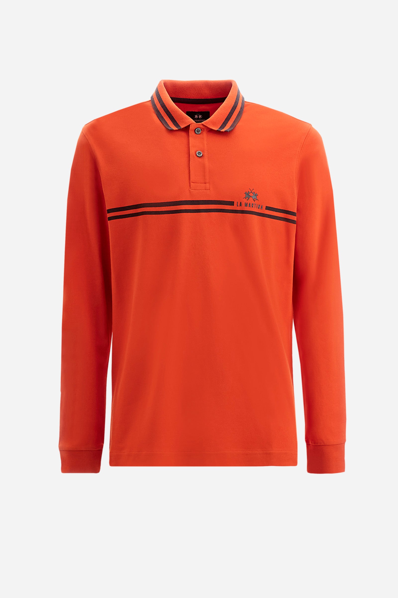 Men's long-sleeved polo shirt in plain stretch cotton. Two-button fastening. This garment is finished with contrasting stripes. Finished with the logo on the front. Regular fit. The model is wearing a size L. - Pureed Pumpkin