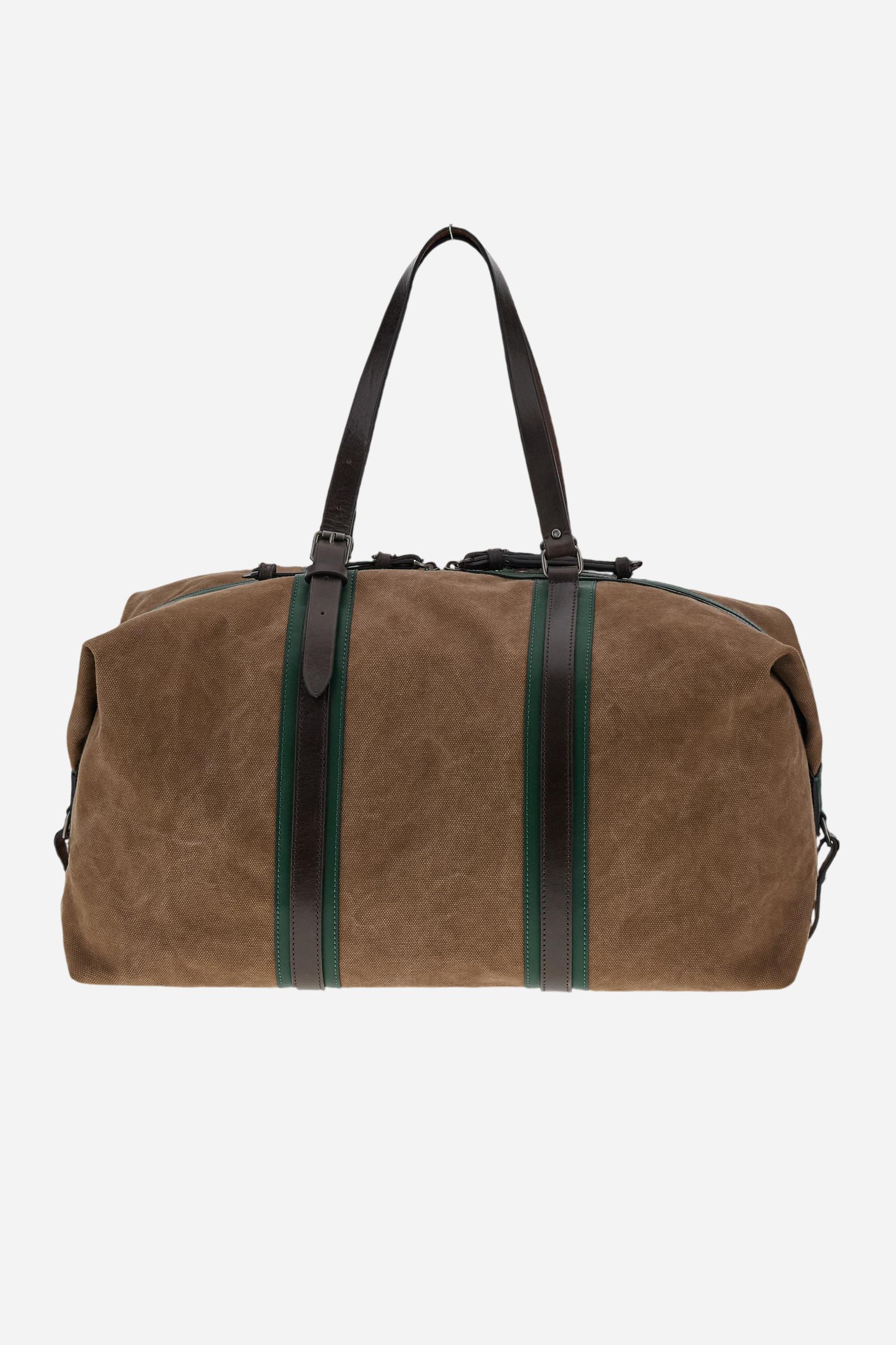 Travel duffle bag in washed cotton and leather. Spacious and sporty, with double zip, leather details and contrasting prints. - COCOA/PINE NEEDLE