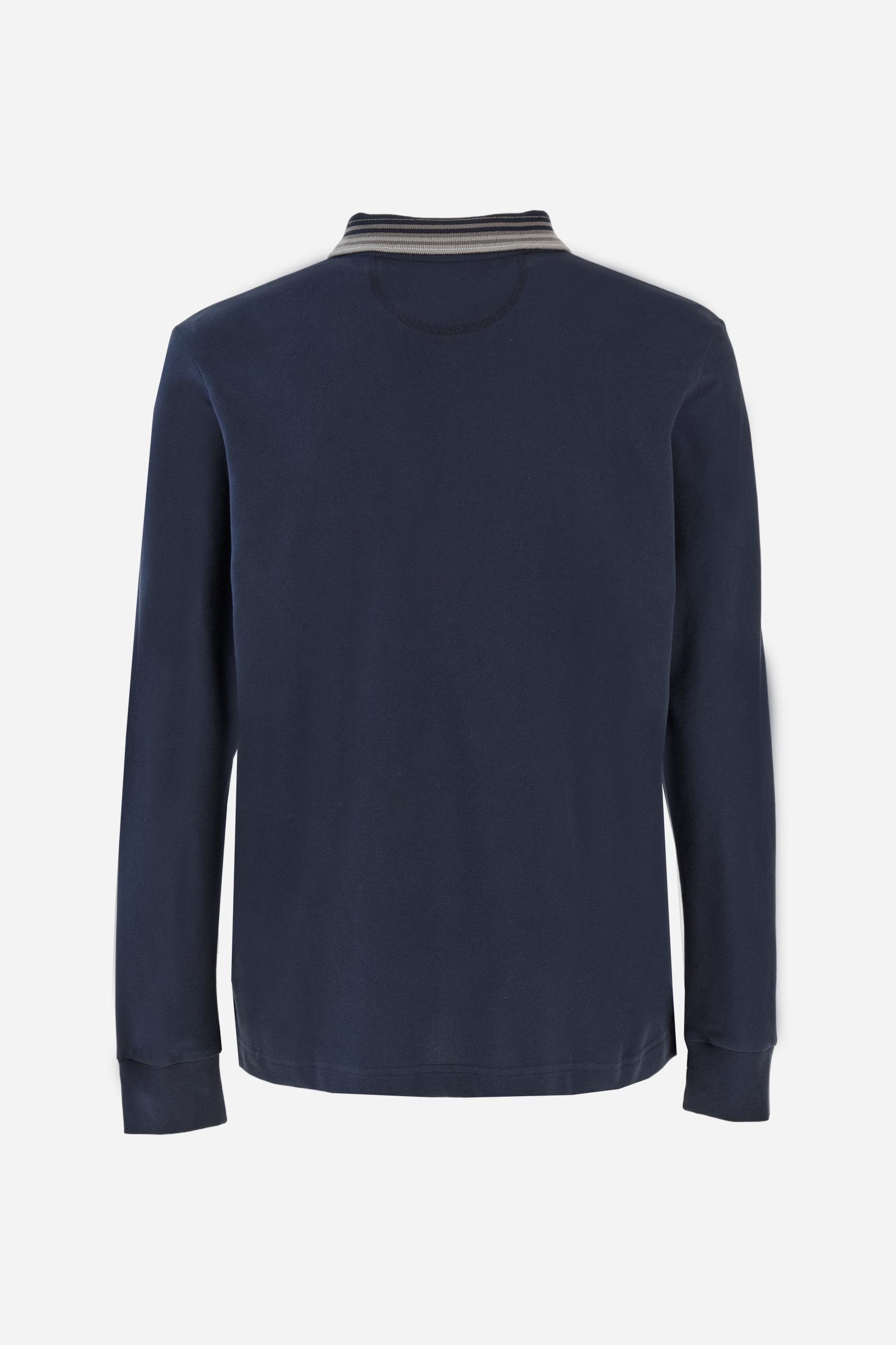 Men’s long-sleeve polo in warm cotton jersey, regular fit with ribbed striped collar, institutional model from the Guards capsule. - Navy