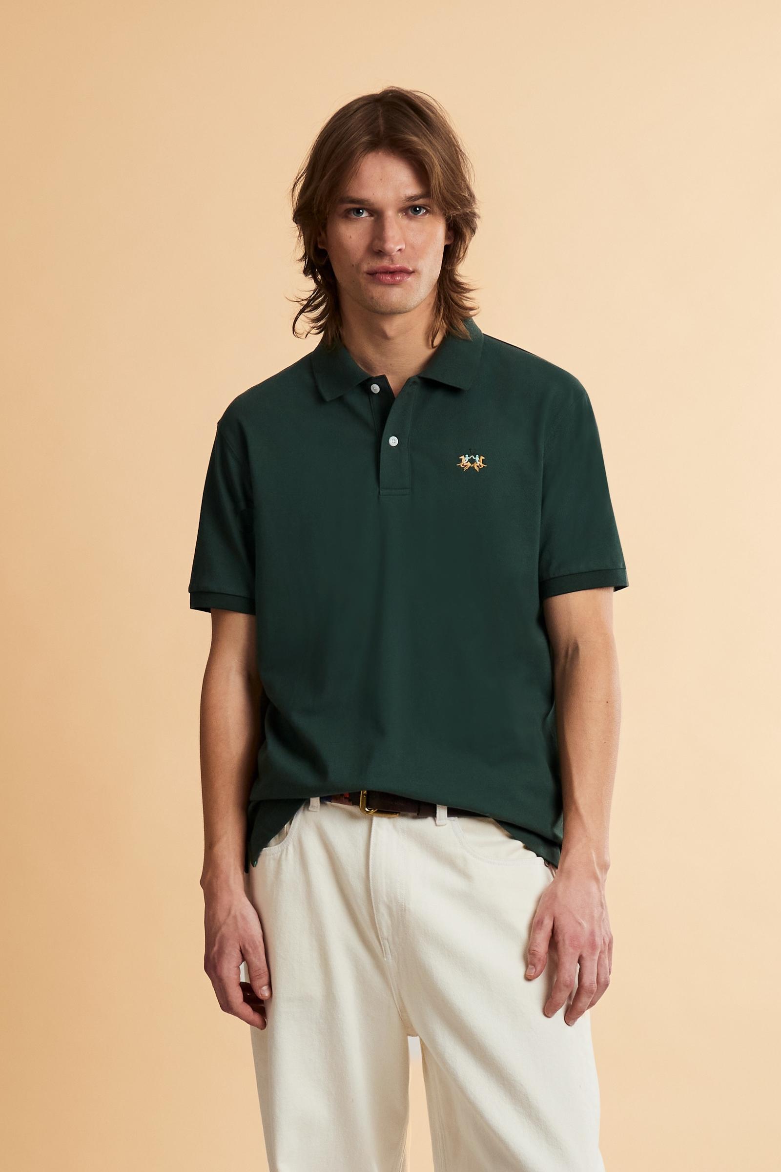 Men’s short-sleeve stretch piqué polo with regular fit. Contrast gabardine under-collar and iconic tricolor logo. - Pineneedle