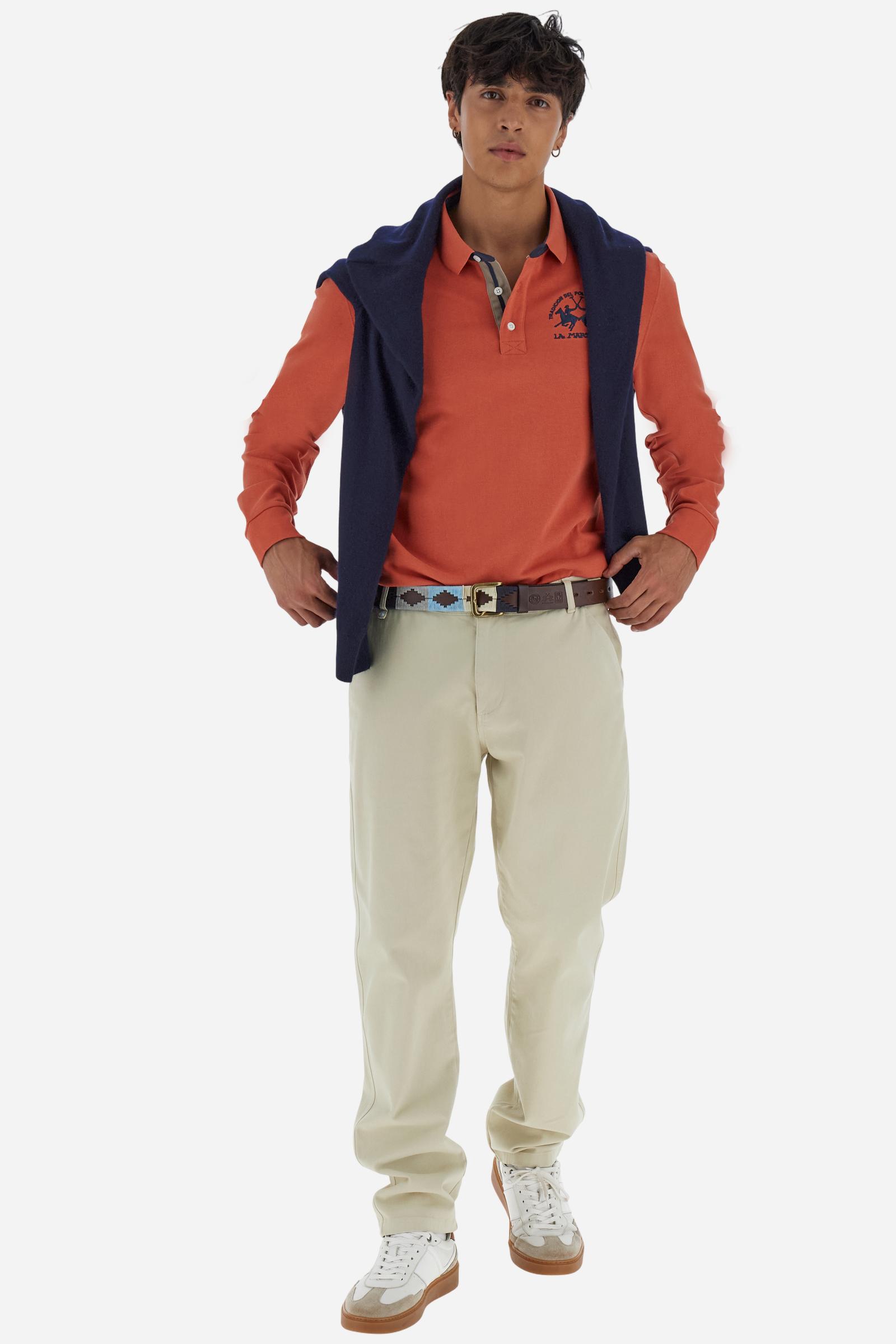 Men’s long-sleeve polo in premium soft-touch cotton jersey for a luxurious feel on the skin. Contrast gabardine details on the collar. Upper collar in tone-on-tone ribbing with printed La Martina lettering undercollar. Three customized buttons, enhanced by a multicolor striped tape on the placket. Contrast embroidered team logo on the chest. Regular fit. Model wears size L. - Burnt Ochre
