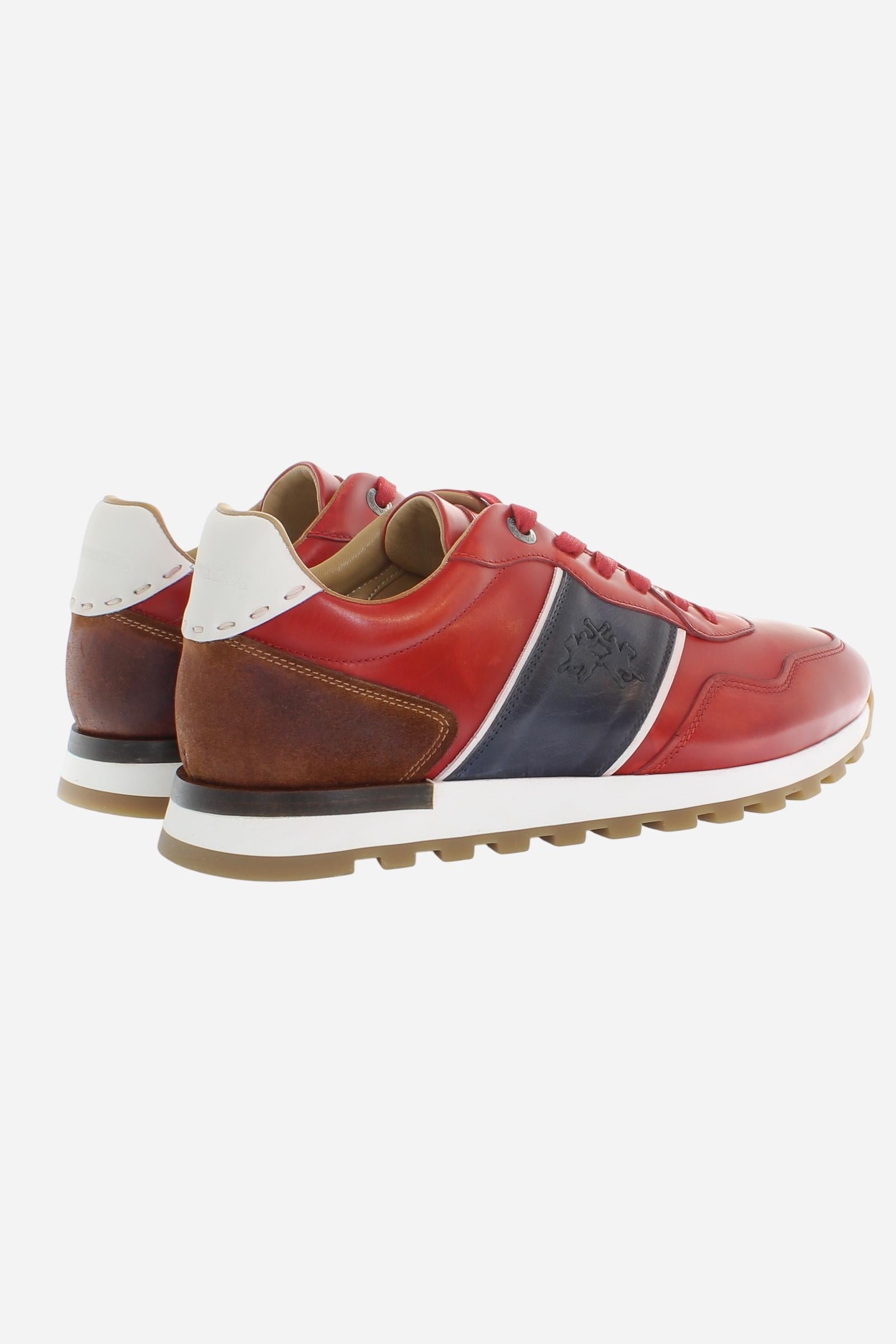 Handcrafted sneakers in calfskin and vegetable-tanned leather, hand-aged. Iconic hot-branded details and a technical sole with leather heel for superior stability. - Red