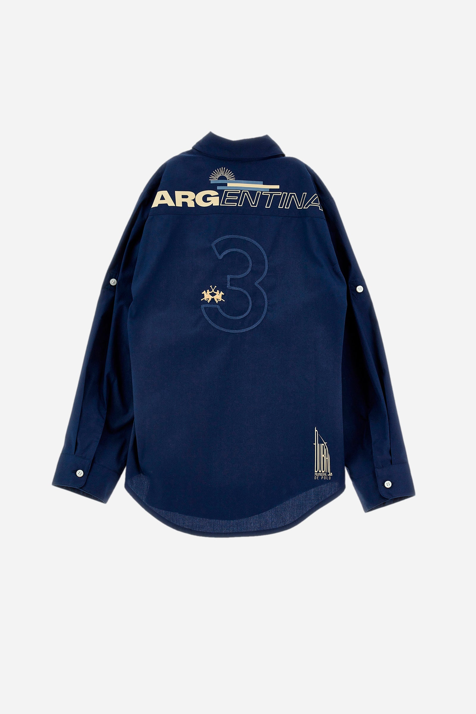 Single-colour boys' shirt made of cotton poplin. Pointed collar. Regular line. On the back there is a large rubberised print. The logo is on the chest, left side. - Navy