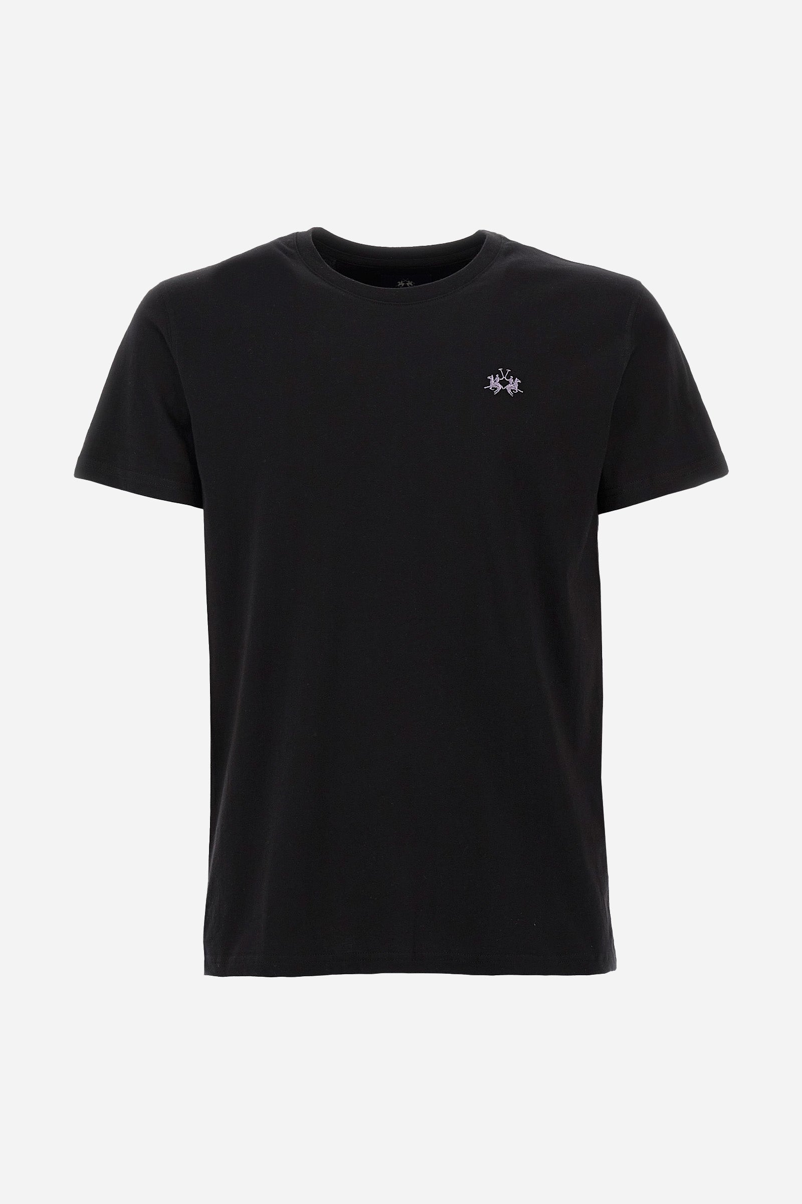 Men's short-sleeved crew-neck T-shirt in solid colour with embroidered logo in contrasting colour on the chest. Made of 100% cotton with a regular fit. It is perfect paired with Bermuda shorts or trousers for a casual and trendy look. Suitable for leisure time. The model is 187 cm tall and wears a size L. - Black