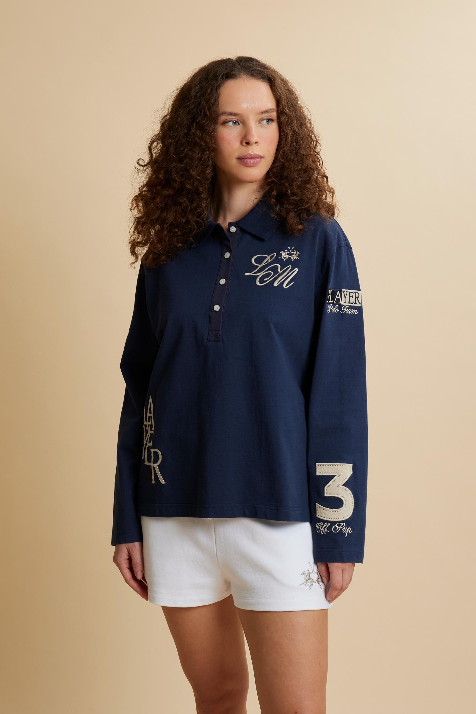 Women’s long-sleeve polo in heavy cotton jersey with relaxed fit and ribbed collar. Player prints and contrast applications. - Navy