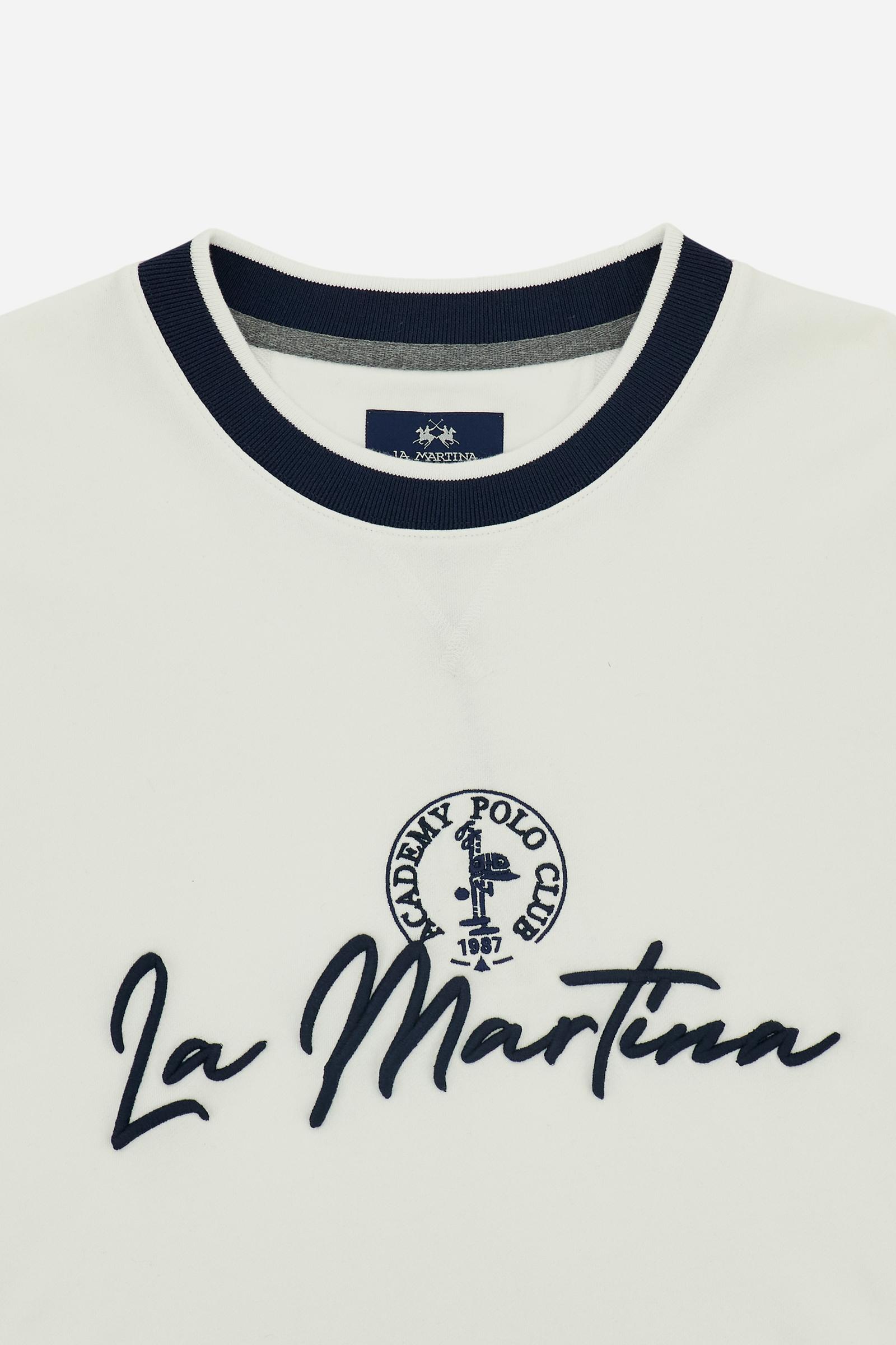 Men’s French Terry sweatshirt with contemporary fit, modern cut and hip-length design. Ribbed trim and contrast embroidery on the chest. - Optic White