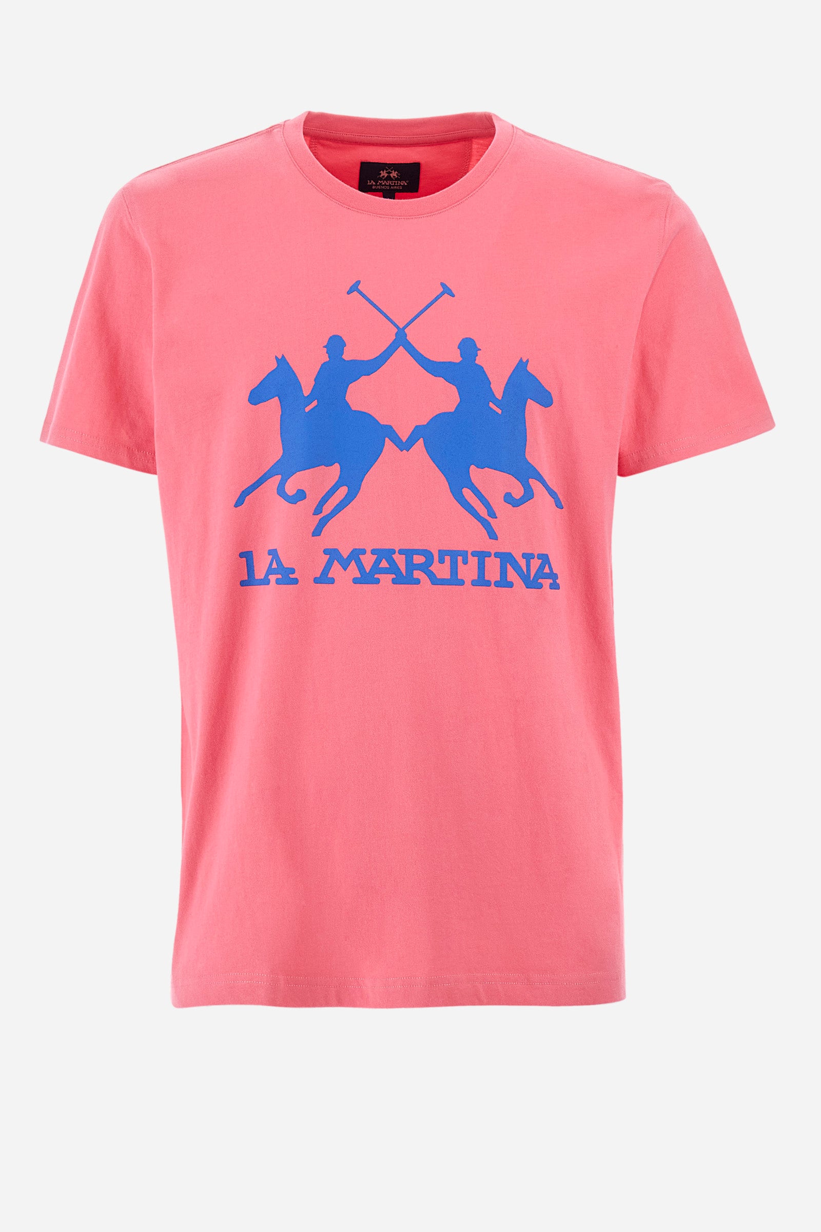 Men's short-sleeved T-shirt with a crew neck in a single colour. Made of 100% cotton. A large logo and the words "La Martina" are printed in contrast on the front. Regular fit. The model wears a size L. - Hot Pink