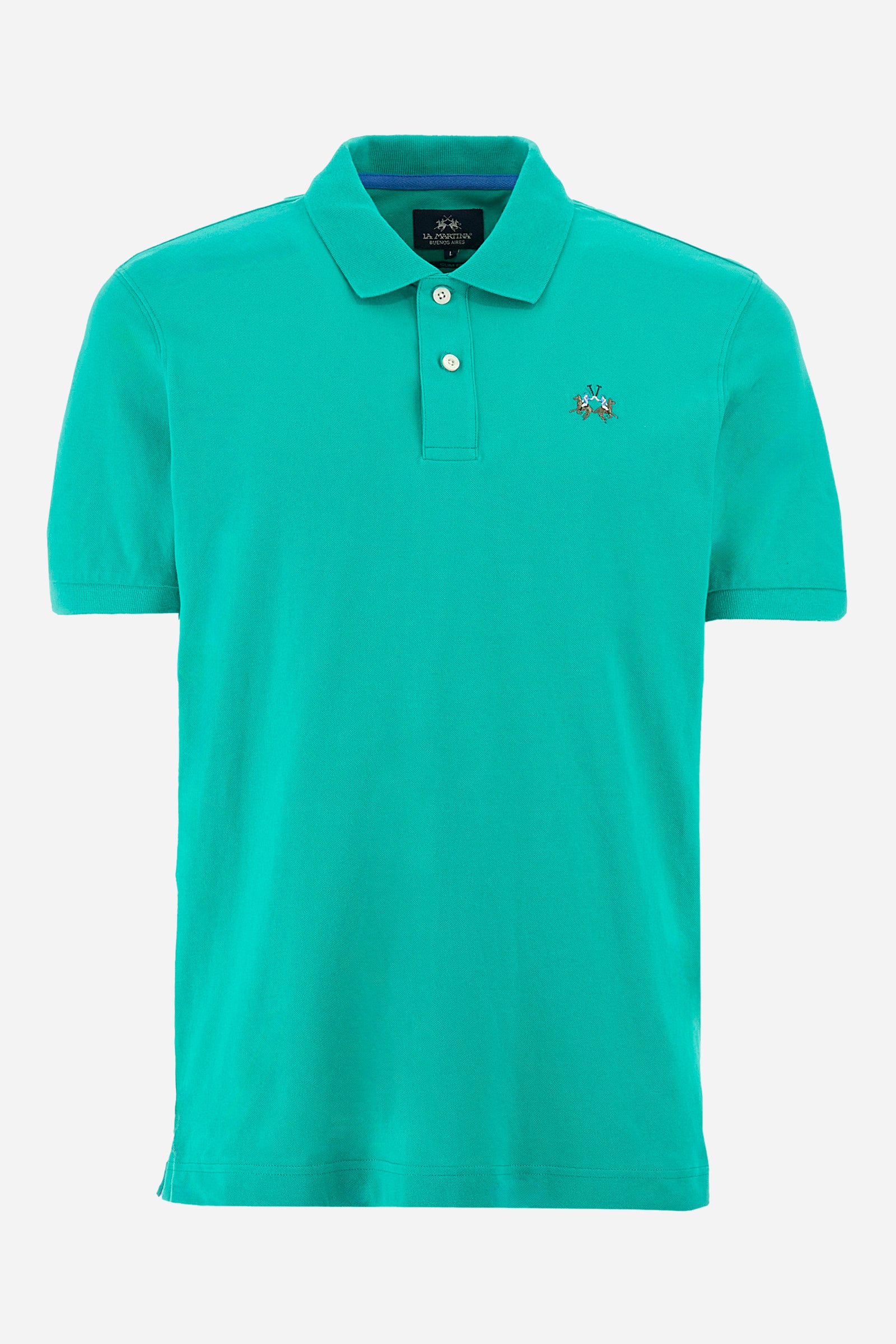 Men's single-colour short-sleeved polo in elasticated cotton. Two-button fastening. Tone-on-tone stitching. Ribbed collar and armholes. The "La Martina" lettering can be found under the collar. Featuring a small logo embroidered on the chest. In a slim fit. The model wears a size L. - Vivid Green