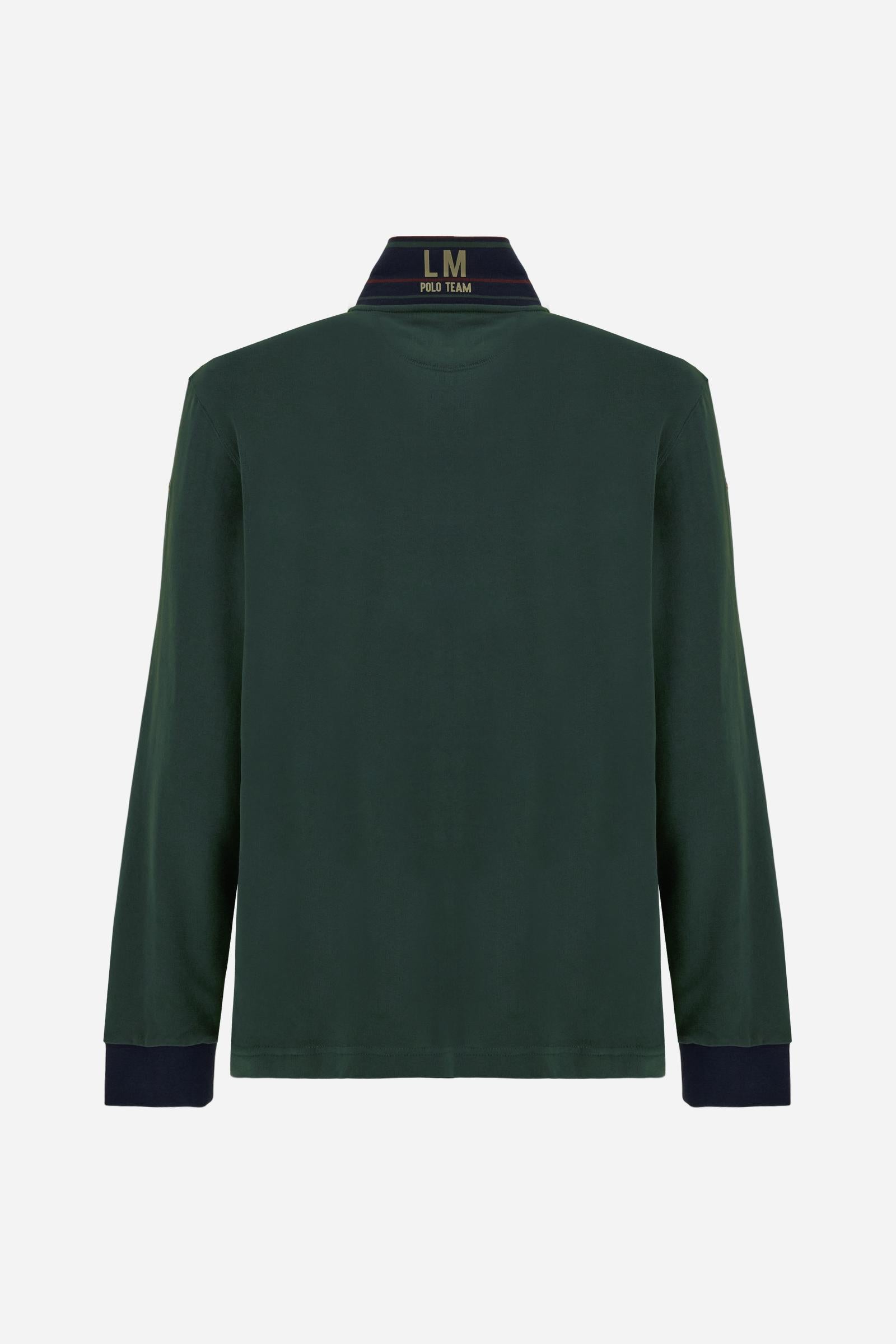 Men’s long-sleeve polo shirt in solid-colour cotton jersey with a warm, matte handfeel. Ribbed collar and cuffs with stripes and colour blocks in contrast, two personalised buttons and contrast details inside the collar. Patches and graphics on sleeves and chest celebrate the Official Polo Supplier team. The large multicolour logo is embroidered on the chest. Regular fit. The model wears size L. - Sycamore