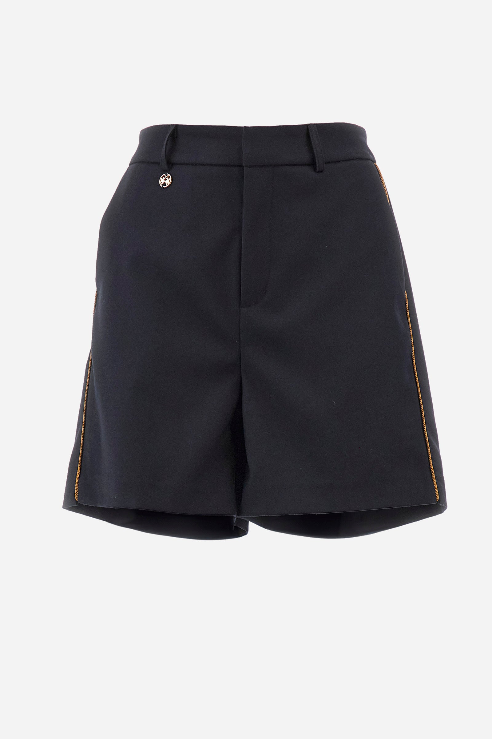 Women's plain Bermuda shorts, made from synthetic fabric. Complete with belt loops and a zip fly. Double front and back pockets. The logo appears on a metal plate appliquéd on the front. Regular fit. The model is wearing a size 40. - Navy