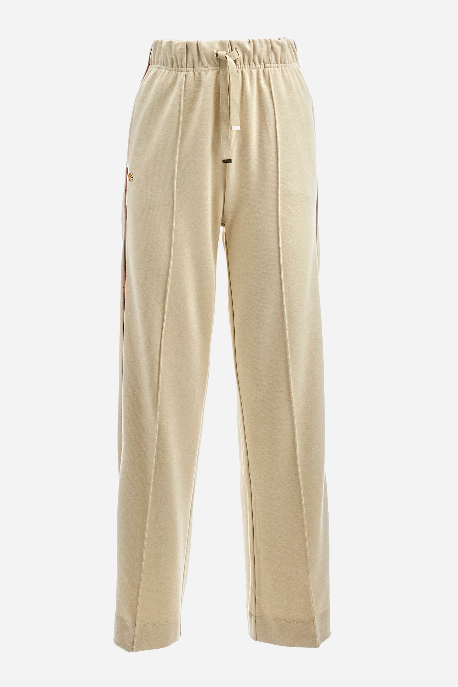 Women’s trousers in solid color, made of plush material. Wide leg with snap buttons on the end, which together with the contrasting tone edging along the entire leg recalls the Polo Academy line. Drawstring waist with drawstring closure and double front pocket. The metal label with logo is sewn on the side of a pocket. The fit is regular. The model wears a size 2. - Bone White