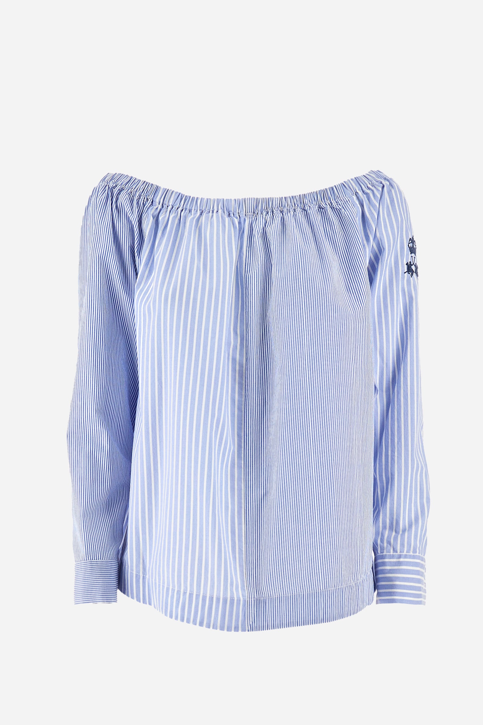 Women’s long-sleeved blouse, made of Poplin cotton. Barchetta neckline with elastic and striped print recall the exclusive summer capsule Polo Club Grand Hotel. Cuffs with buttons. The La Martina logo is sewn in contrasting tone on a sleeve. The fit is regular. The model wears a size 2. - Riviera/Optic White