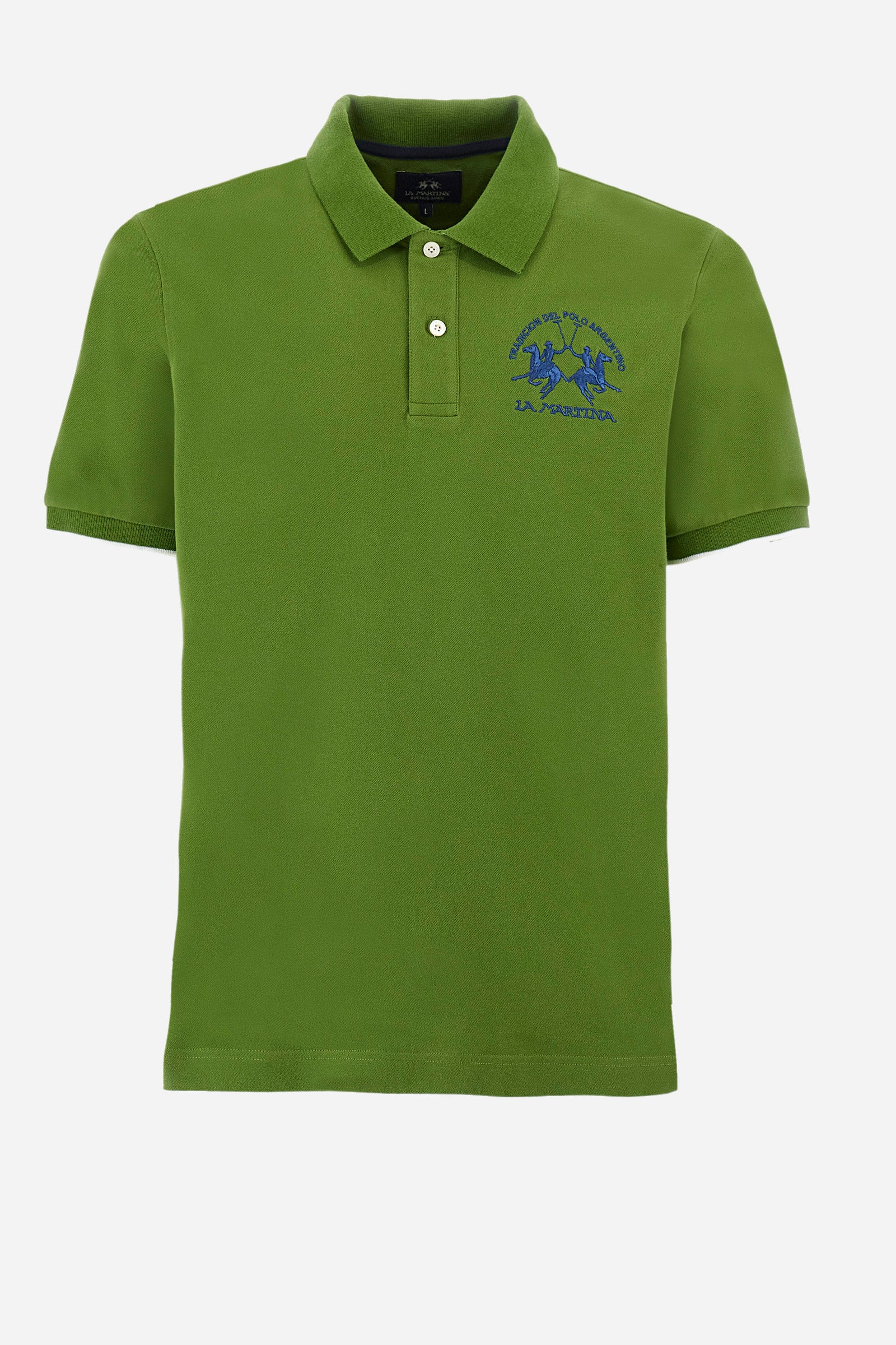Men’s polo with short sleeves, regular fit. Made of stretch pique cotton. Classic model, with large embroidered logo in contrasting tone on the chest and profiled sleeve edges. The collar is accompanied by the writing La Martina, in contrasting tone. Ideal if worn with a denim collection. The model wears a size L. - Cactus