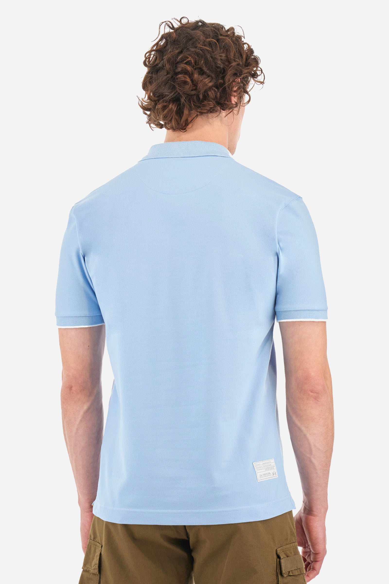 Men's short-sleeved, regular-fit polo shirt. A classic model with a contrasting La Martina logo-embellished chest and profiled sleeve trims. Perfect when worn with a pair of jeans from the collection. - Blue Bell
