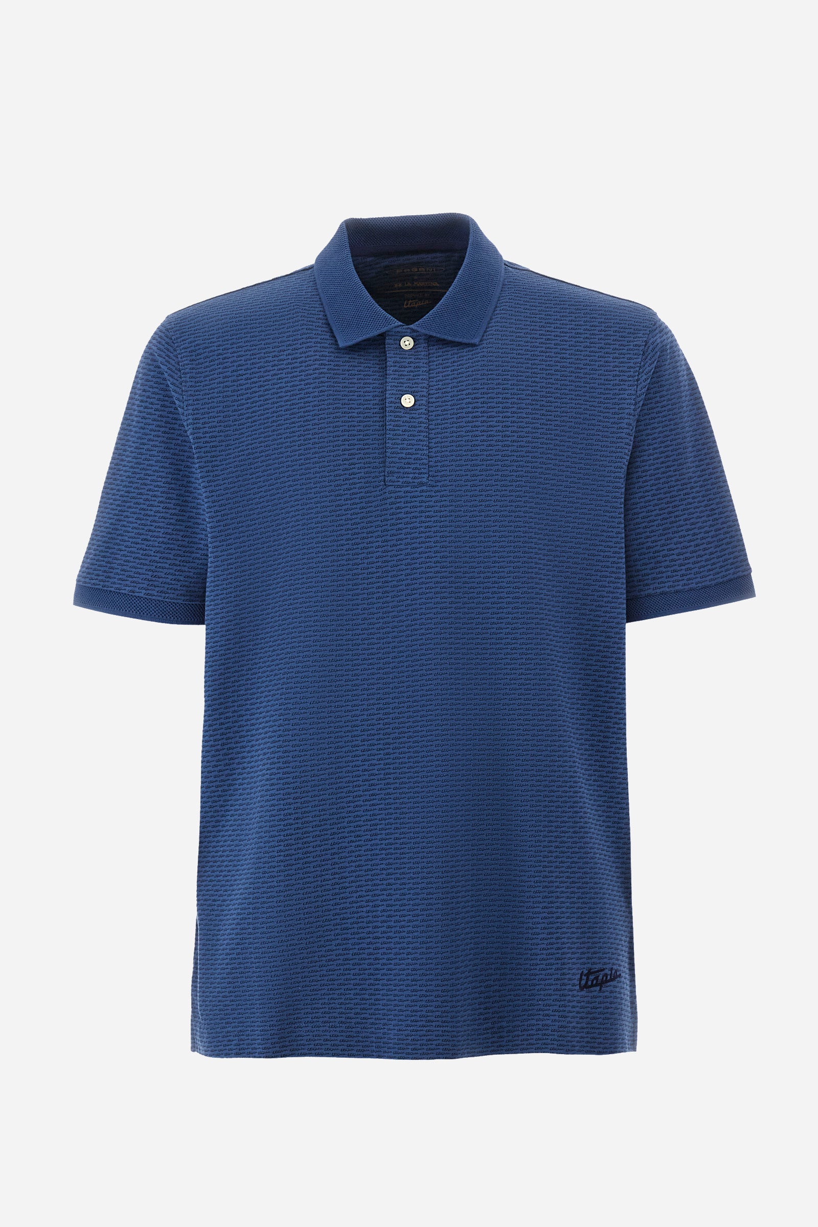 Single-colour men's polo shirt with short sleeves from the line in collaboration with Pagani. Made of stretch cotton. Two-button fastening. The collar and armholes feature a different texture. The garment features lettering throughout. A patch with the brand's name and logo and the word "Pagani" is applied on the back. The fit is regular. The model wears a size L. - ENSIGNBLUE/NAVYBLAZE