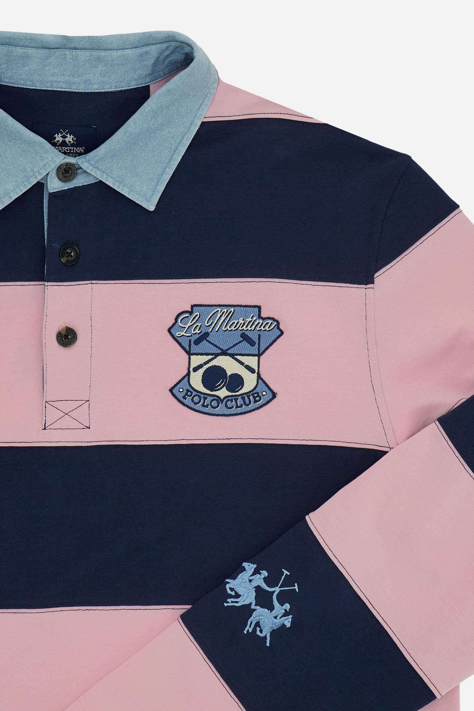 Men’s rugby polo in heavy cotton jersey with bold two-tone stripes. Preppy-inspired patches and embroidery. - Fairtale/Navy