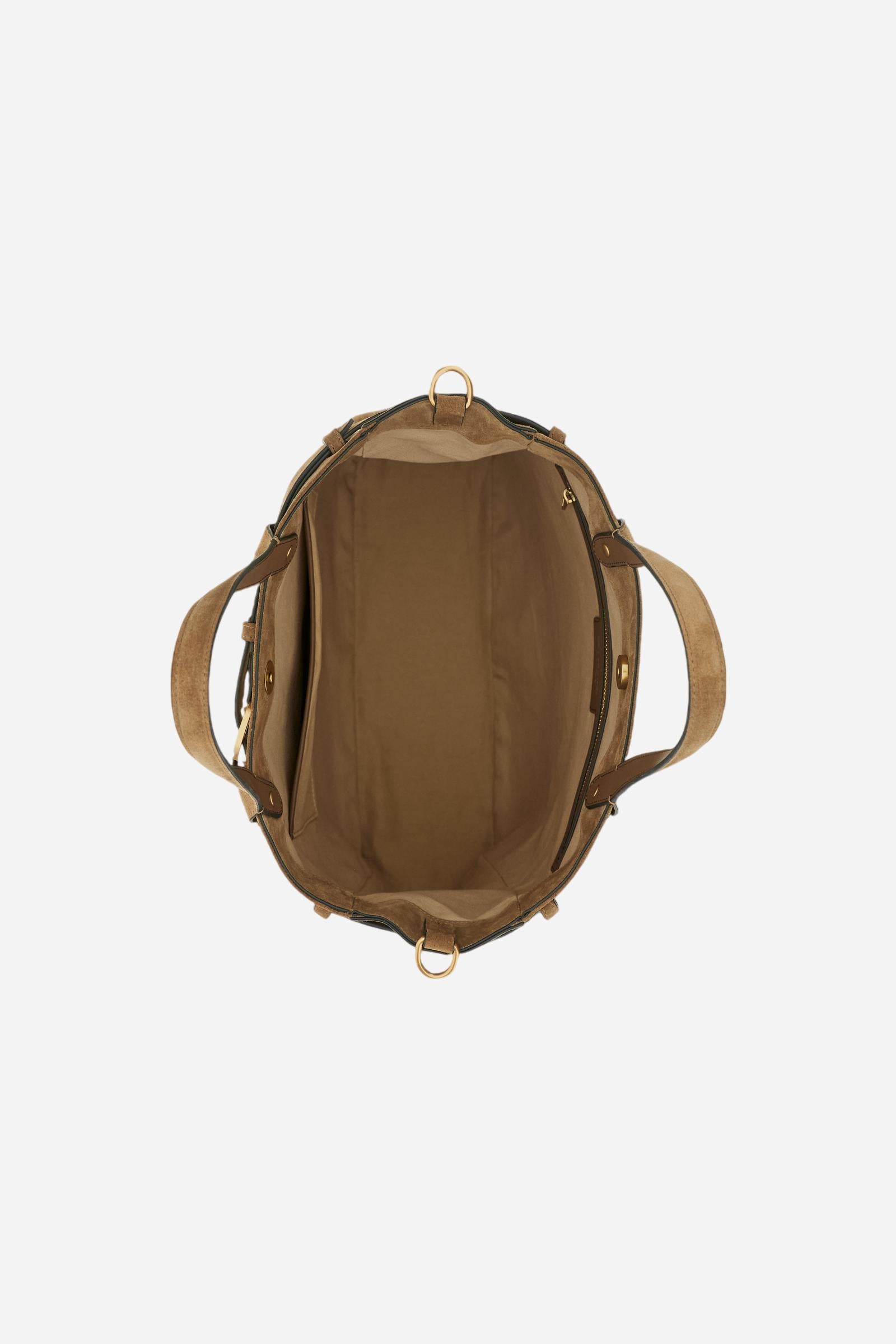 Large suede shopping bag with rectangular design, featuring handles, strap, and the brand’s iconic buckle and logo details. - MUD