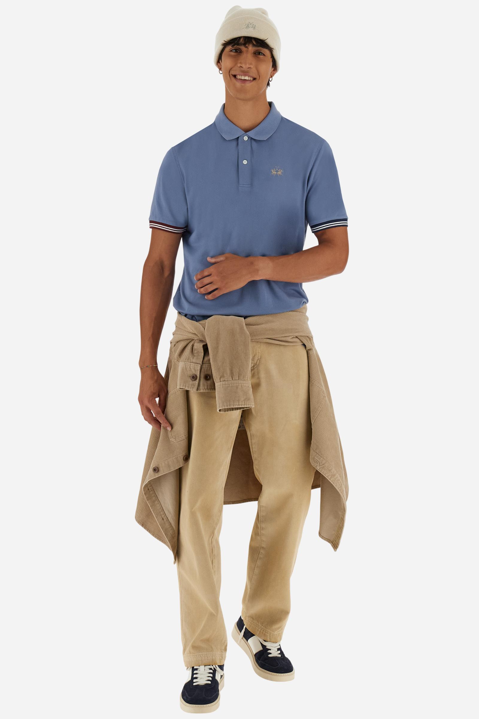 Men’s short-sleeve polo in high-quality stretch cotton piqué, ensuring excellent breathability and flexibility. Classic ribbed collar, two-button placket with customized buttons. Inner collar enriched with contrast tapes and colors for a modern touch. Multicolored ribbed cuffs with different patterns. Small contrast logo embroidered on the chest. Regular fit. Model wears size L. - Flint Stone