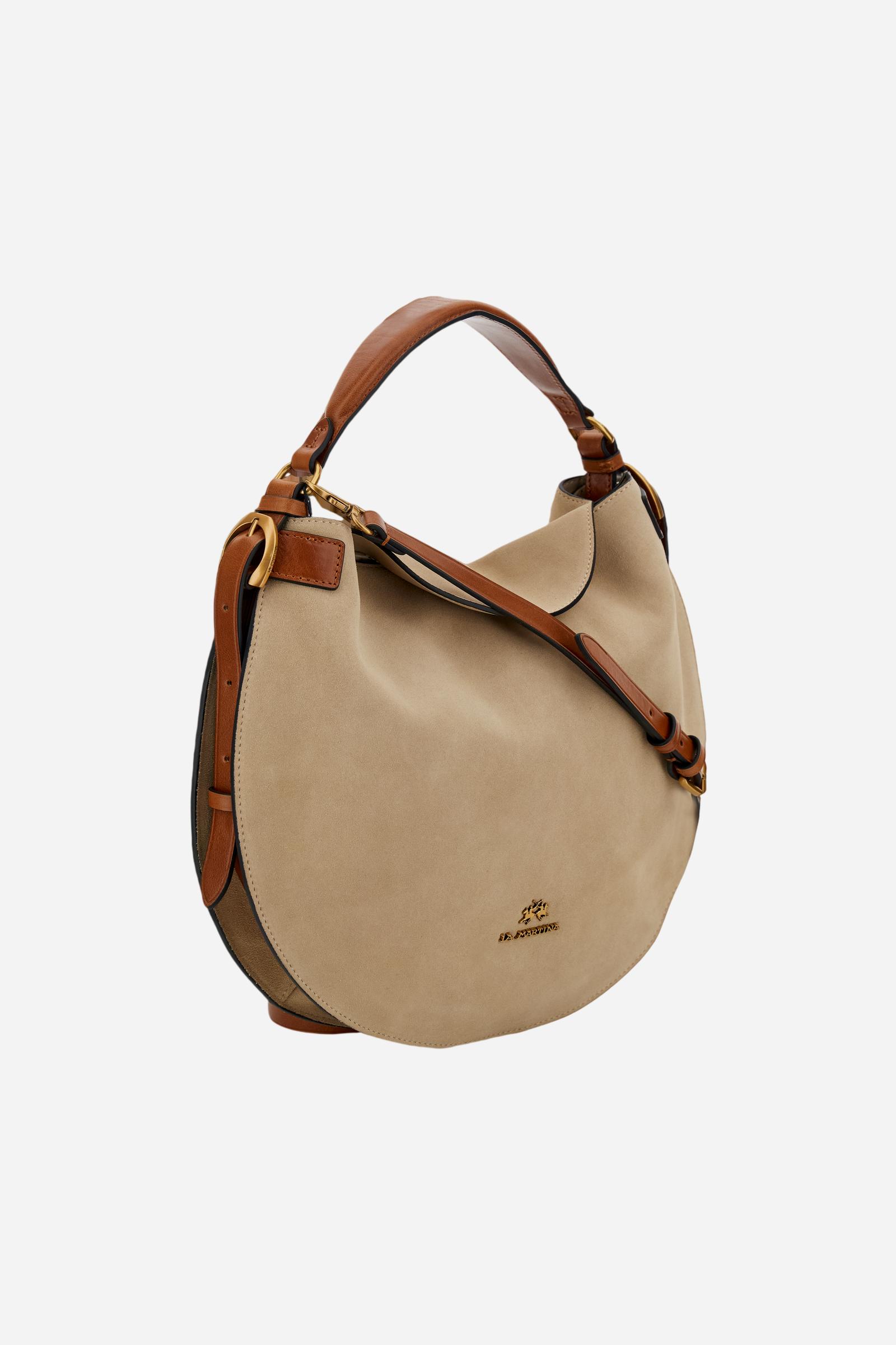 Medium hobo bag in suede and leather with short handle and adjustable strap, hidden magnetic closure and gold logo buckle. - Neutral/Cuoio