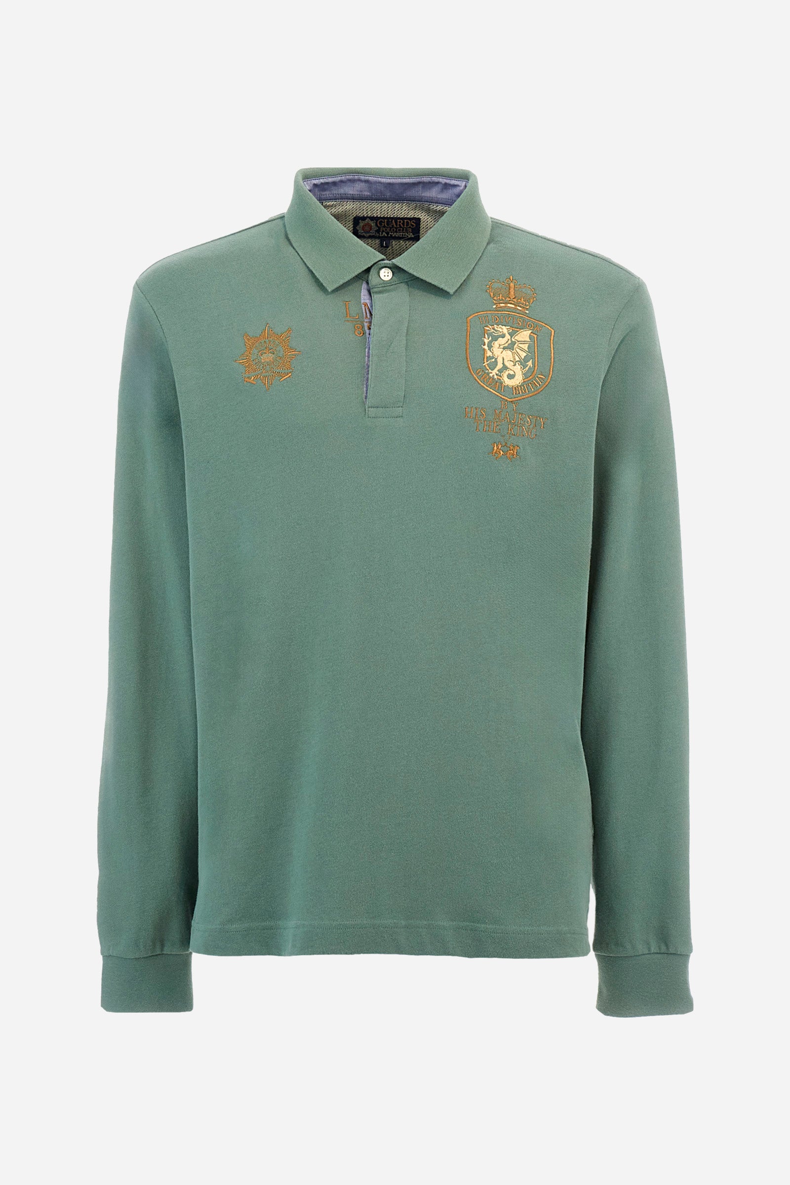 Men's long-sleeved Guards polo shirt, made from plain 100% cotton. Two-button fastening. The front is embellished with embroidery representing the line, alongside the Guards symbol and the brand logo. Regular fit. The model is wearing a size L. - Laurel Wreath