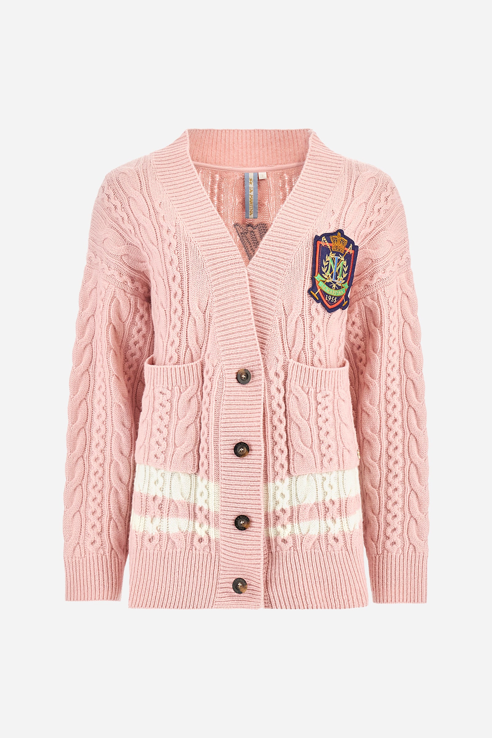 Women’s long cardigan with long sleeves in high-quality solid-colour lambswool with cable-knit details enhancing the classic design. Deep neckline, closure with personalised horn-effect buttons, colourful patch on the chest and embroidered lettering on the back inspired by polo. Oversized fit with dropped shoulders for a modern, relaxed look. The model wears size 2. - Parfait Pink