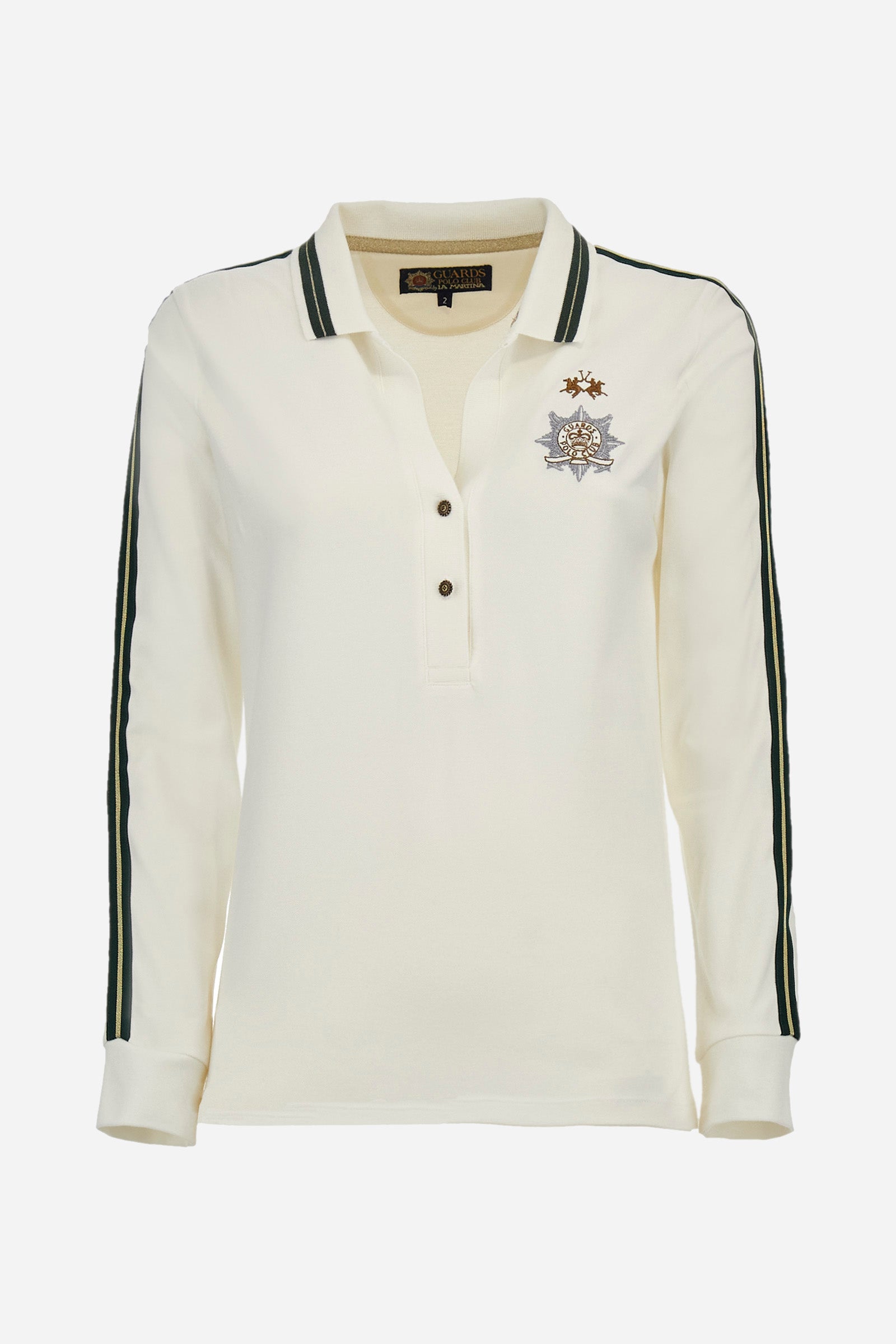 Women's long-sleeved Guards polo shirt, made from plain stretch cotton. V-neckline and two-button fastening. The collar and sleeves are finished with contrasting stripes. The logo and symbol of the capsule collection are embroidered on the front. Regular fit. The model is wearing a size 2. - Off White