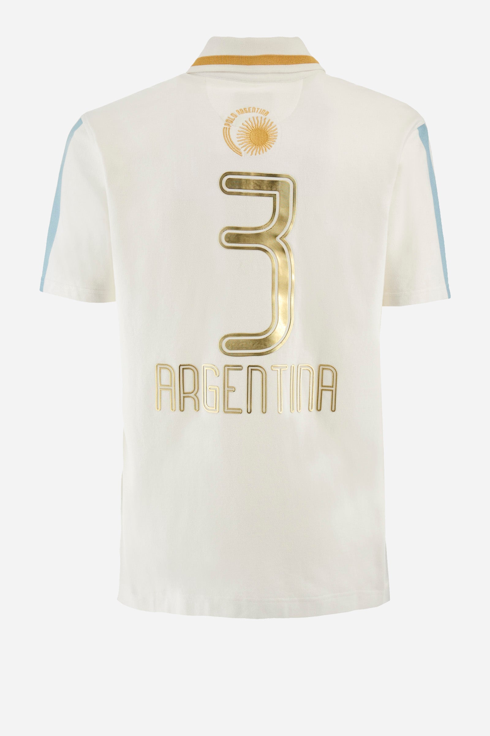 Men's single-colour short-sleeved polo in elasticated cotton. Three-button fastening. Collar with contrasting colour stripe. The front features embroidered lettering, the number 3, the word "Argentina", and a small logo. On one sleeve we find the "La Martina" lettering with two stripes in the colours of the Argentinian flag. The back features additional "Argentina" lettering, a print of the number 3, and symbols representing the nation. The fit is regular. The model wears a size L. - Optic White