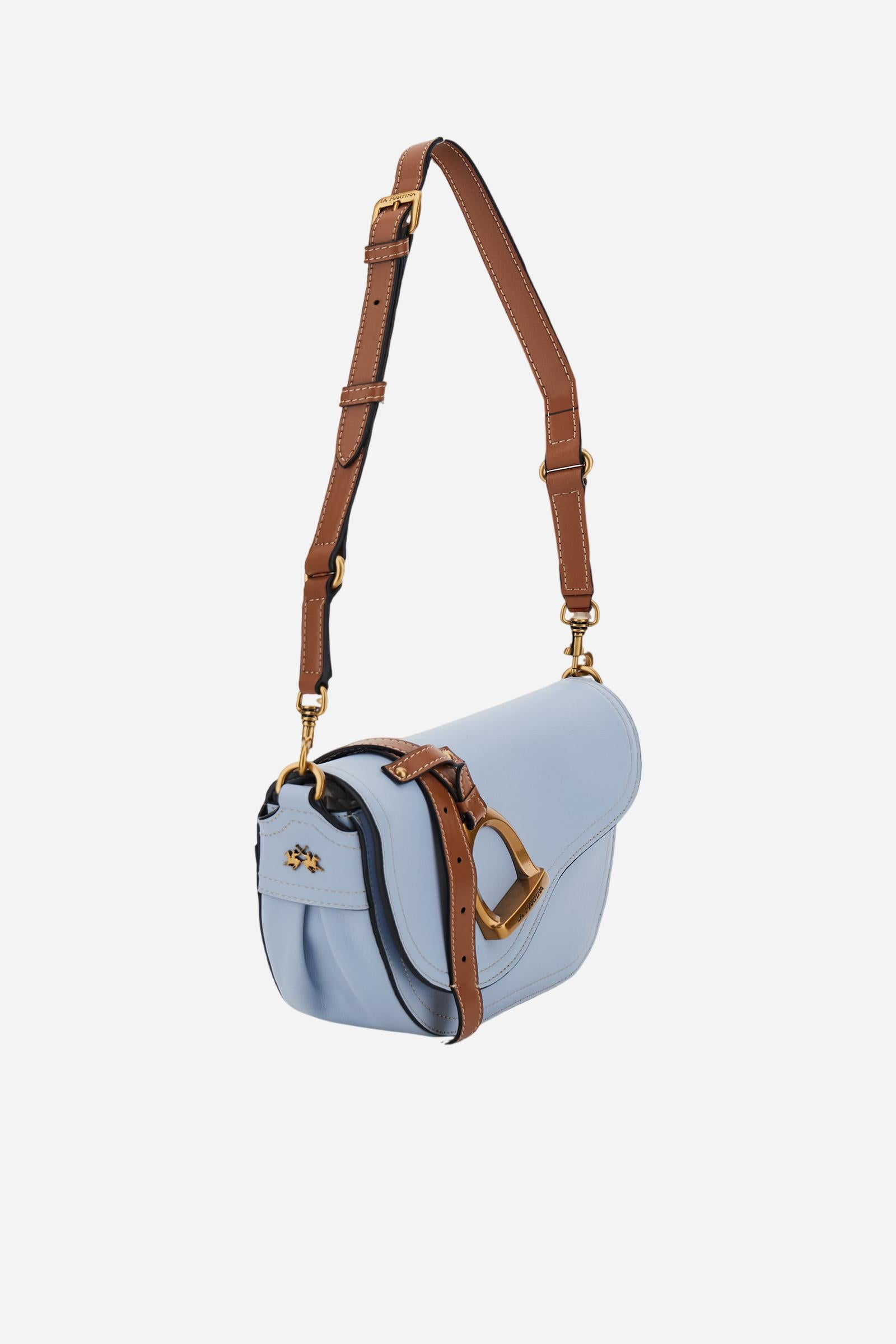 Small half-moon bag in full-grain leather with leather trim, saddle flap and gold maxi stirrup buckle with engraved logo. - Sea Breeze/Cuoio