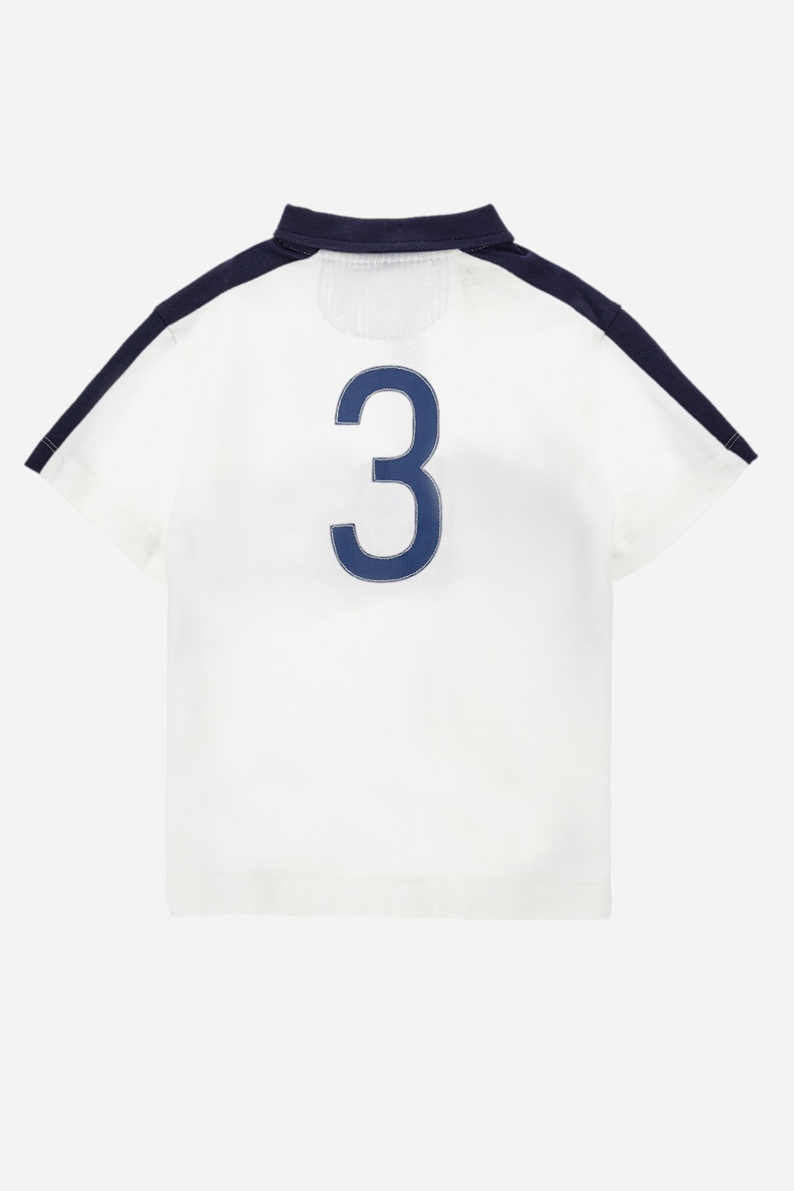 Boys' two-tone polo shirt made of pique cotton. Two-button fastening with contrasting ribbon. There are various embroideries on the garment, both on the front and on the back. Contrasting bands on the central part, on the collar and on the shoulders. Featuring a logo on the front. - Optic White/Blue
