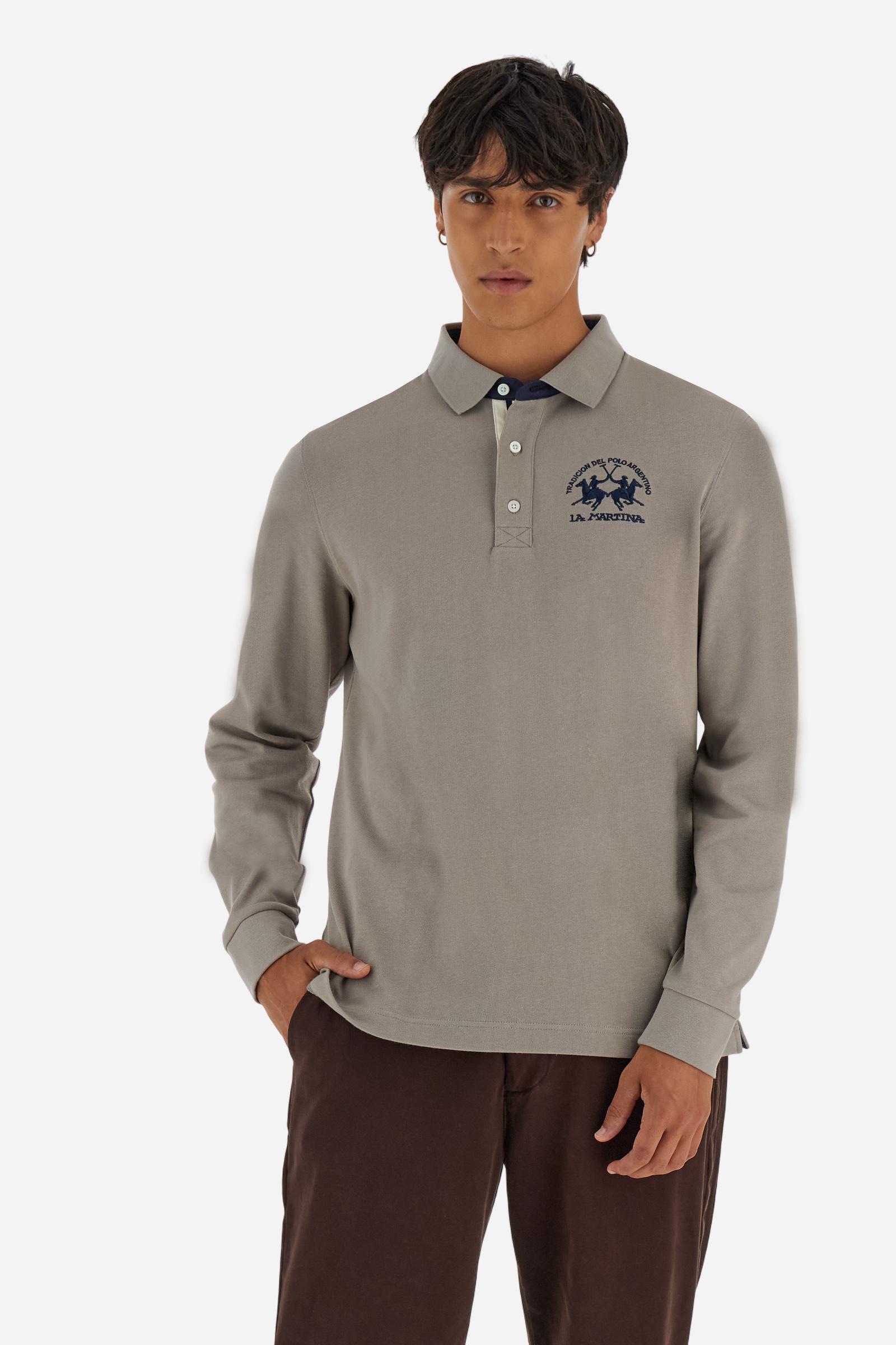 Men’s long-sleeve polo in premium soft-touch cotton jersey for a luxurious feel on the skin. Contrast gabardine details on the collar. Upper collar in tone-on-tone ribbing with printed La Martina lettering undercollar. Three customized buttons, enhanced by a multicolor striped tape on the placket. Contrast embroidered team logo on the chest. Regular fit. Model wears size L. - Moon Rock