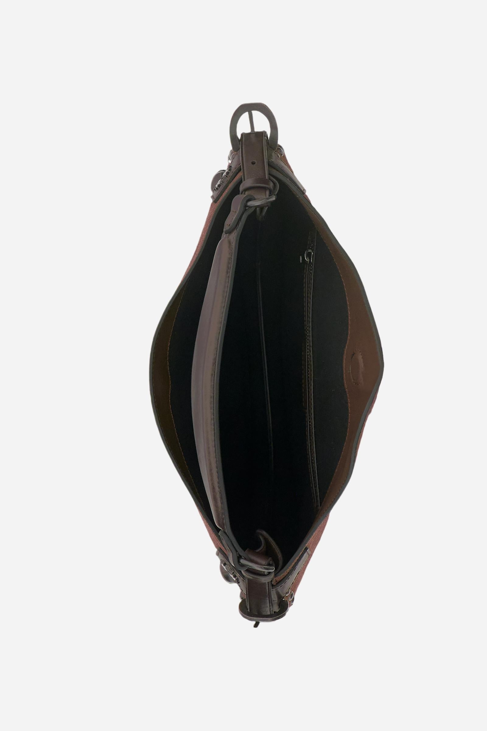 Half-moon suede bag with contrasting leather details and small metallic studs on the front. Sophisticated and contemporary design. - D.BROWN/D.CHOCOLATE