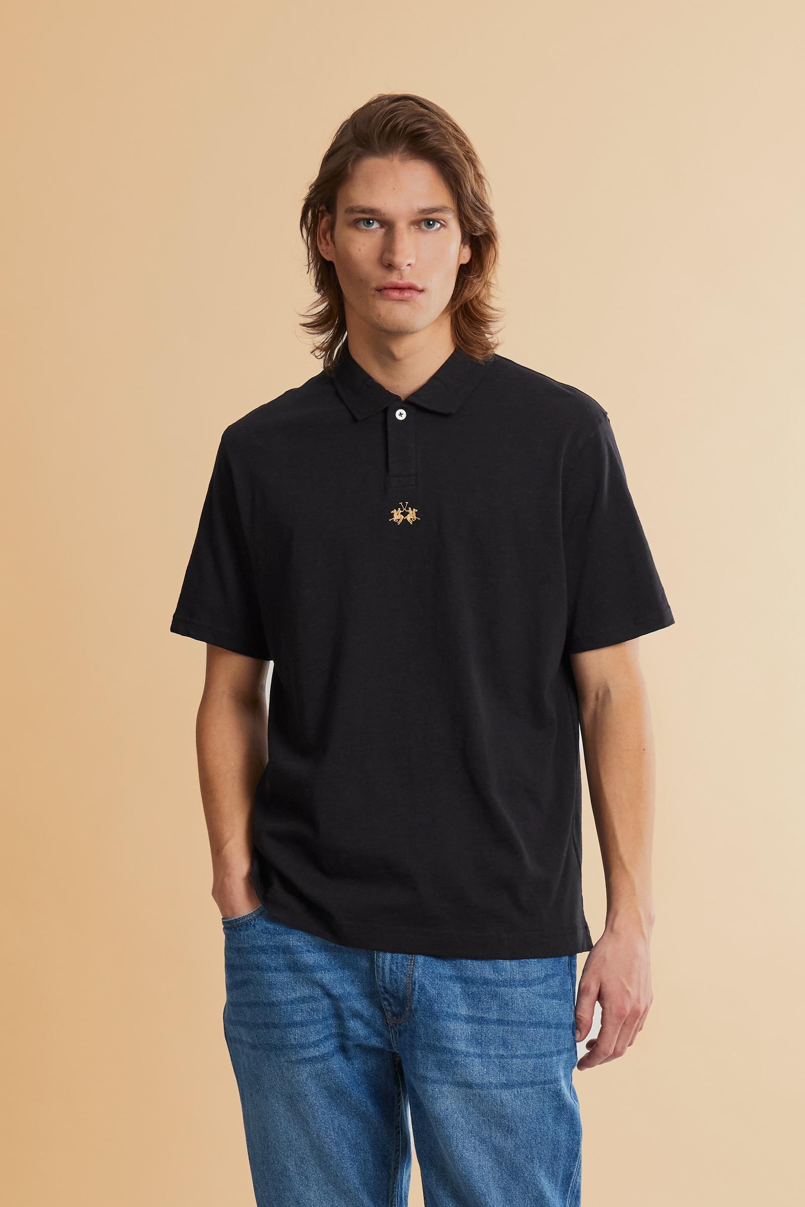 Men's short-sleeved regular fit polo shirt in 100% cotton - Black