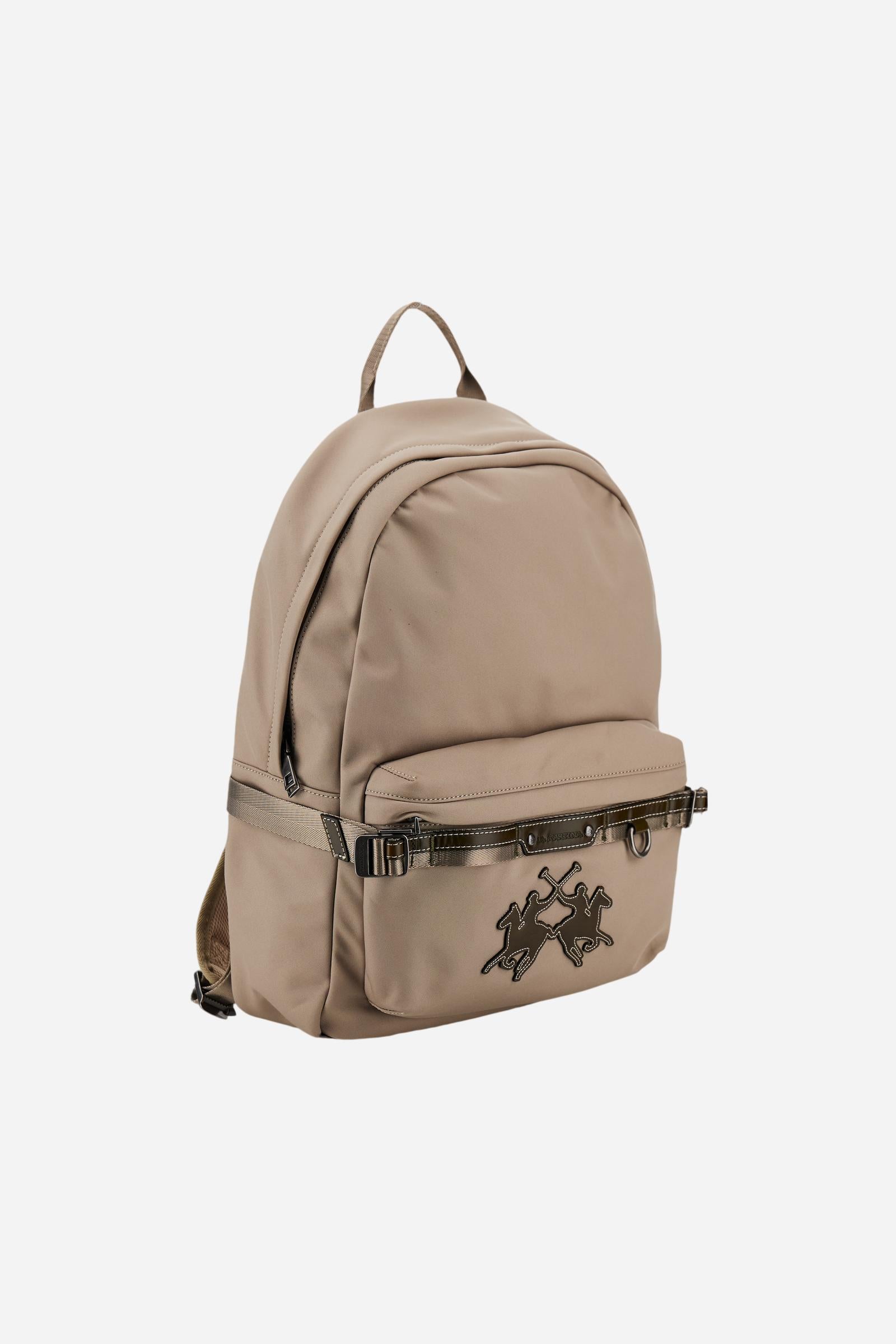 Backpack in matte technical canvas with eco-leather contrast details and applied maxi logo, modern and minimal design. - Gaucho / Olive