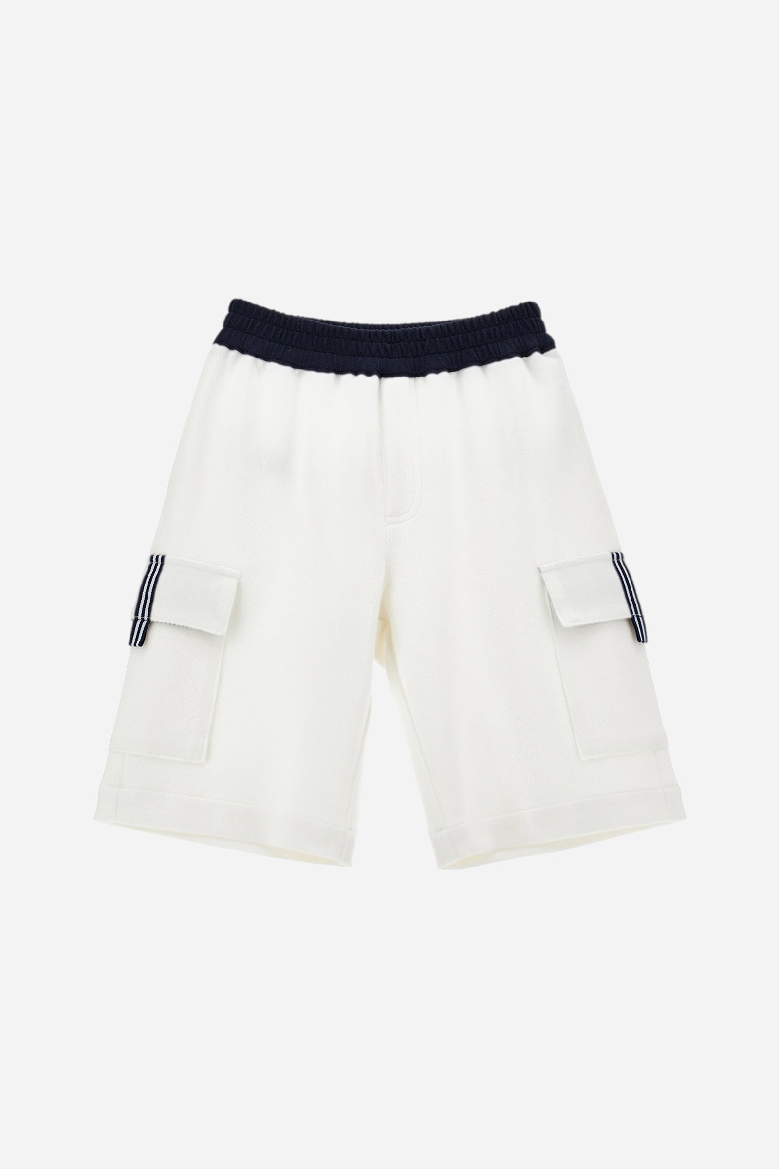 Bermuda shorts for boys in cotton interlock pique with contrasting details, elasticated waist, and cargo pockets. Stylish and comfortable for everyday wear. - WHITE