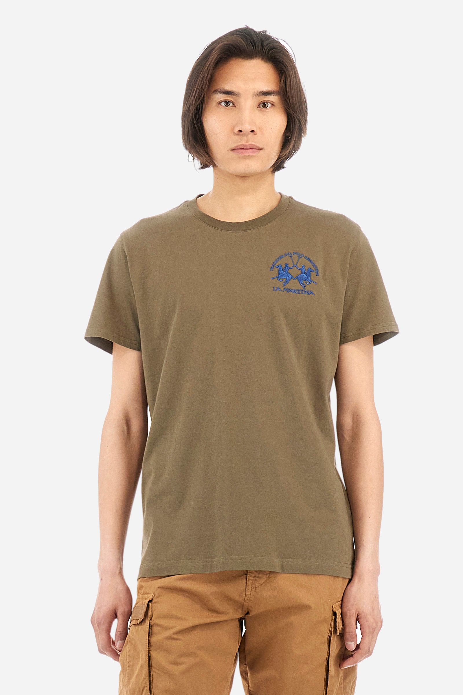 Men's short-sleeved T-shirt with a crew neck in a single colour. Made of 100% cotton. A large logo and the lettering "La Martina" are embroidered in contrast on the front. Regular fit. The model wears a size L. - Military Olive