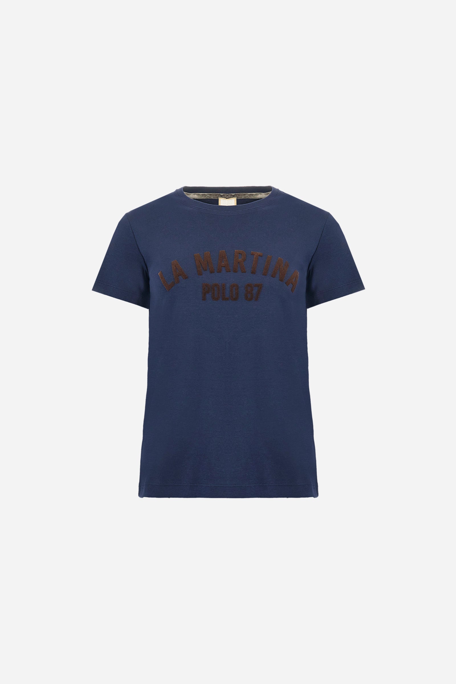 Women’s short-sleeve T-shirt in 100% cotton ribbed jersey. Crew neck model with contrast detail inside the neckline and maxi flock print of the brand logo on the chest in contrast colour. Slim fit. The model wears size 2. - Navy