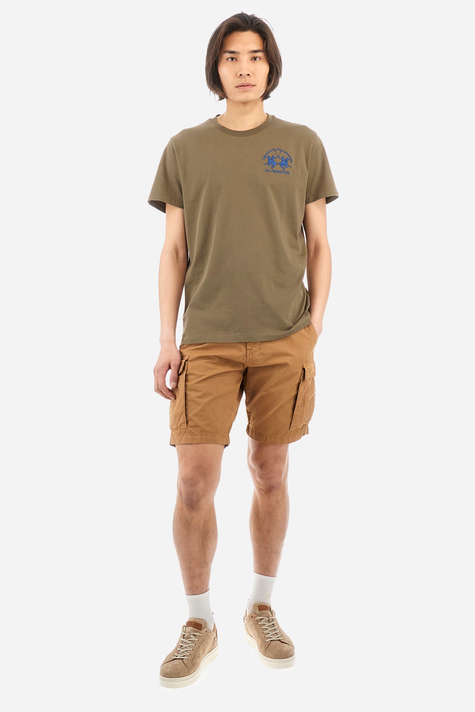 Men's short-sleeved T-shirt with a crew neck in a single colour. Made of 100% cotton. A large logo and the lettering "La Martina" are embroidered in contrast on the front. Regular fit. The model wears a size L. - Military Olive