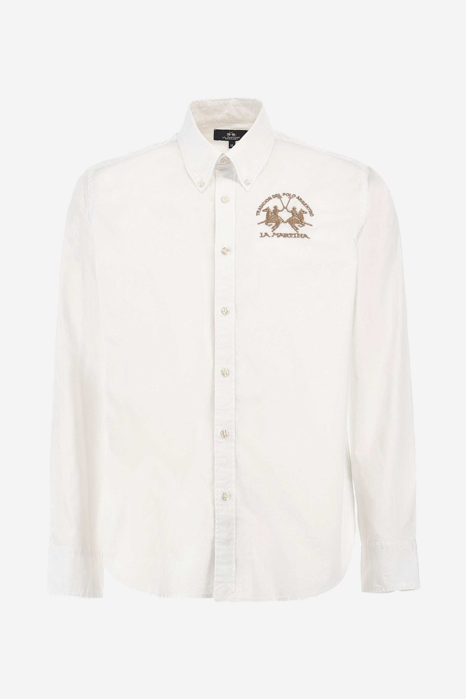 Men's long-sleeved, regular-fit button-down collar shirt. Classic cut. Contrasting La Martina logo embroidered on the chest. Perfect for wearing with a pair of jeans from the collection or elegant trousers. - Optic White